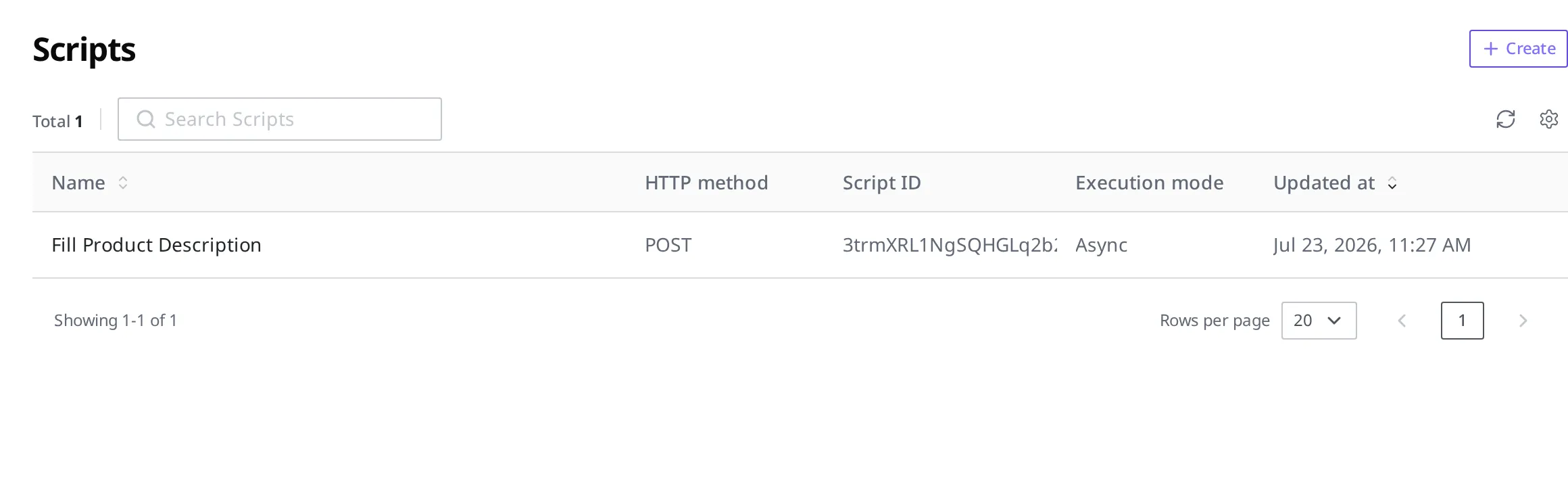 Script list screen. The "Fill Product Description" Script shown as a single row with HTTP method POST and execution mode Async