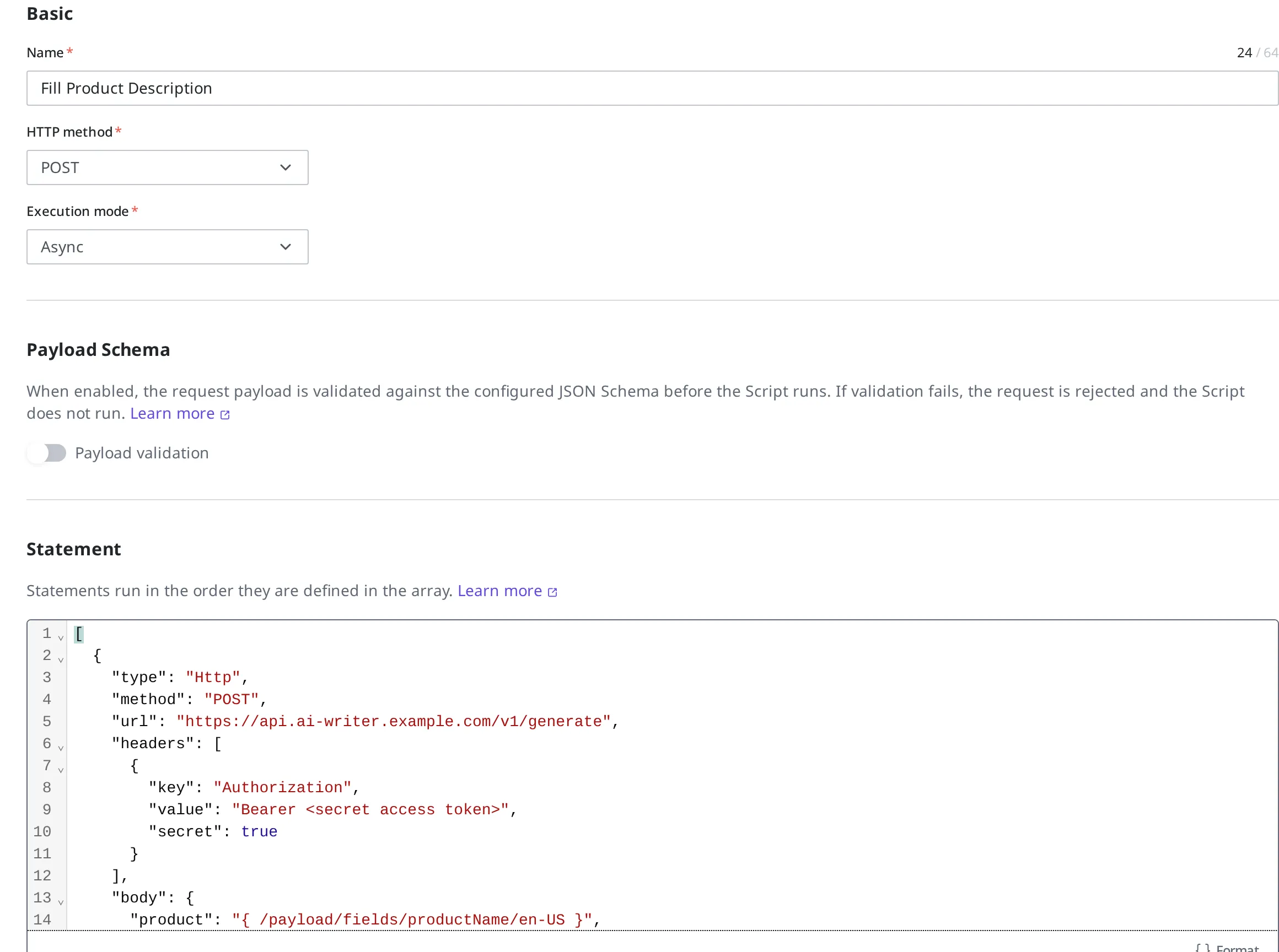 New Script creation screen. Name "Fill Product Description", HTTP method POST, execution mode Async, and the definition entered in the Statement field