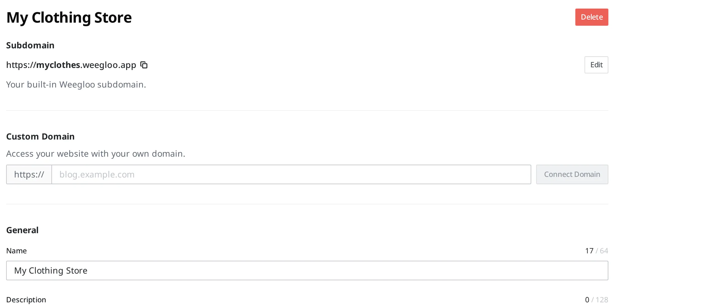 The Web Hosting screen after deployment finishes. The reachable address myclothes.weegloo.app is shown