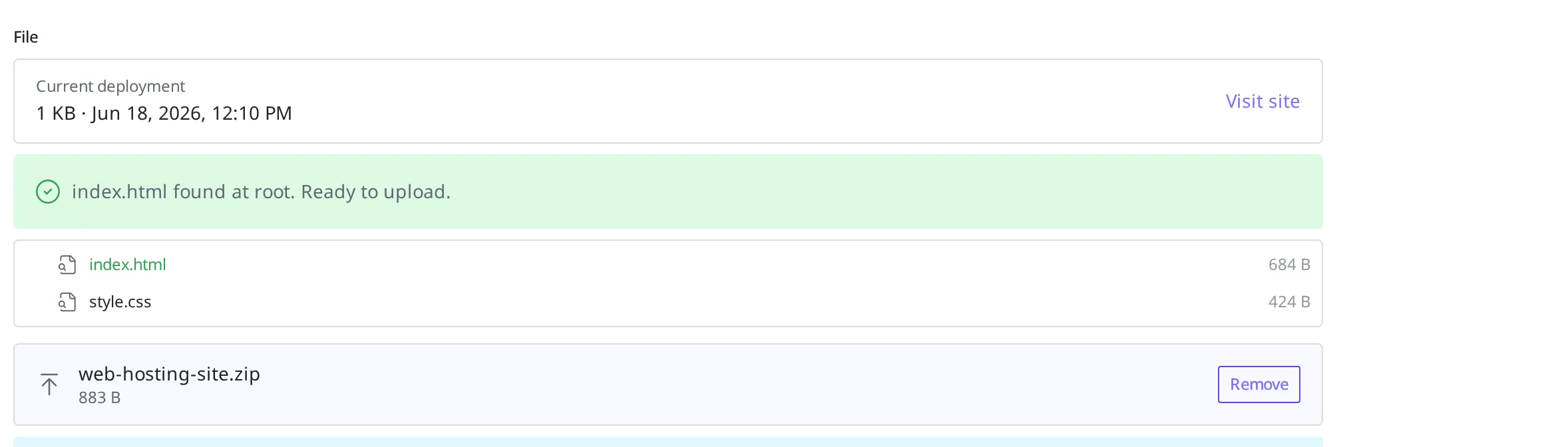 The deployment-files area of the Web Hosting screen. The currently deployed bundle info, and the moment just before uploading a new file bundle to deploy again