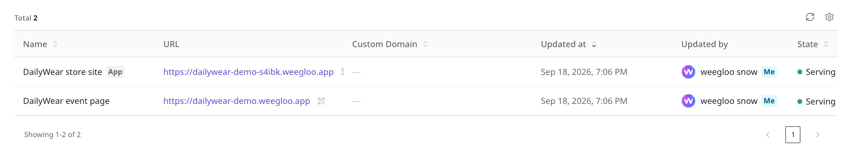 The Web Hosting list. "DailyWear store site", which came from an app, has an App mark next to its name, while "DailyWear event page", put up directly, does not