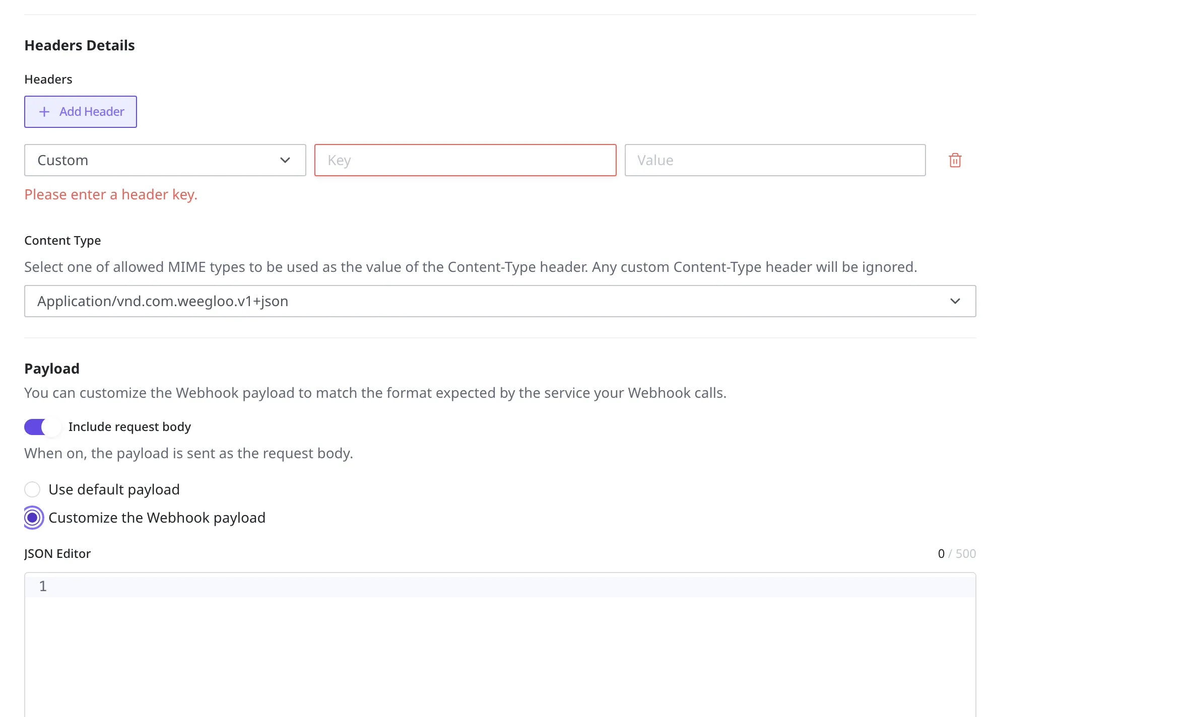 The header and payload area of the Webhook creation screen, with request body inclusion turned on and Customize the Webhook payload selected, writing the shape to send in the JSON editor below