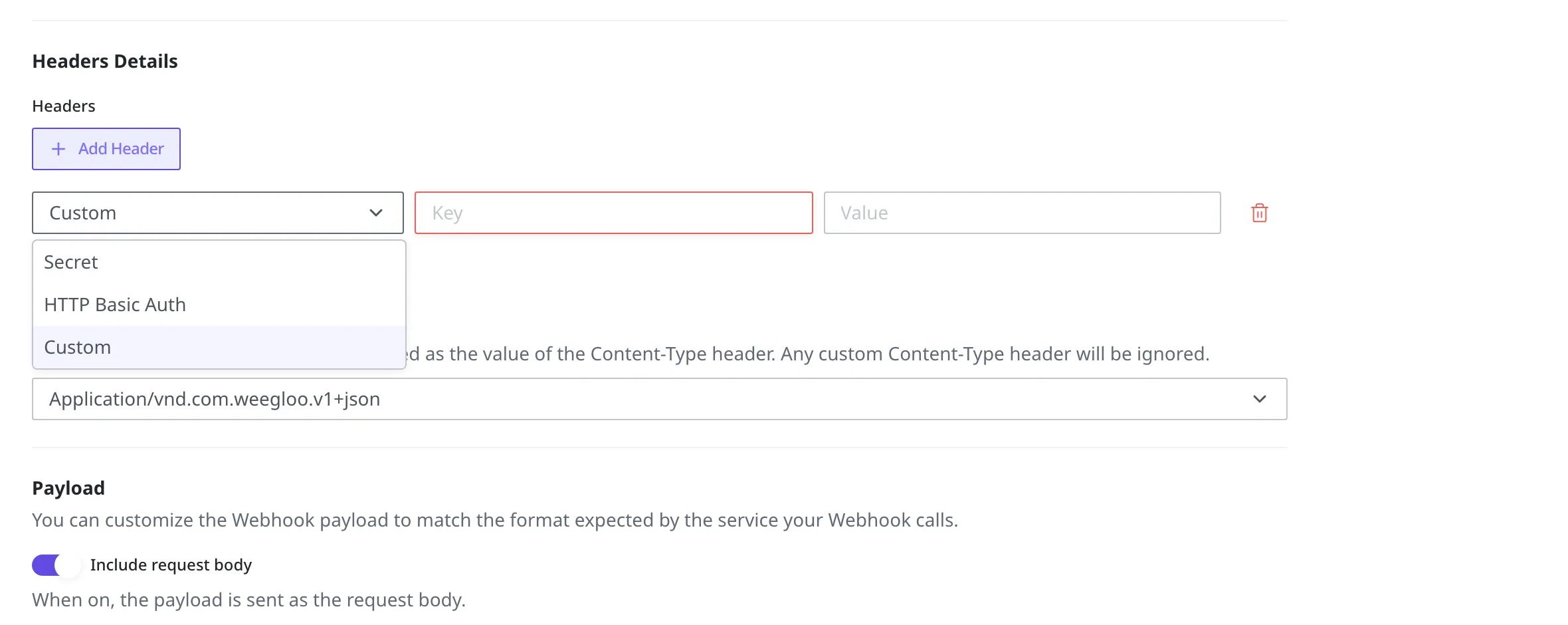 The type dropdown opened when adding a header, choosing among Secret, HTTP Basic Auth, and Custom