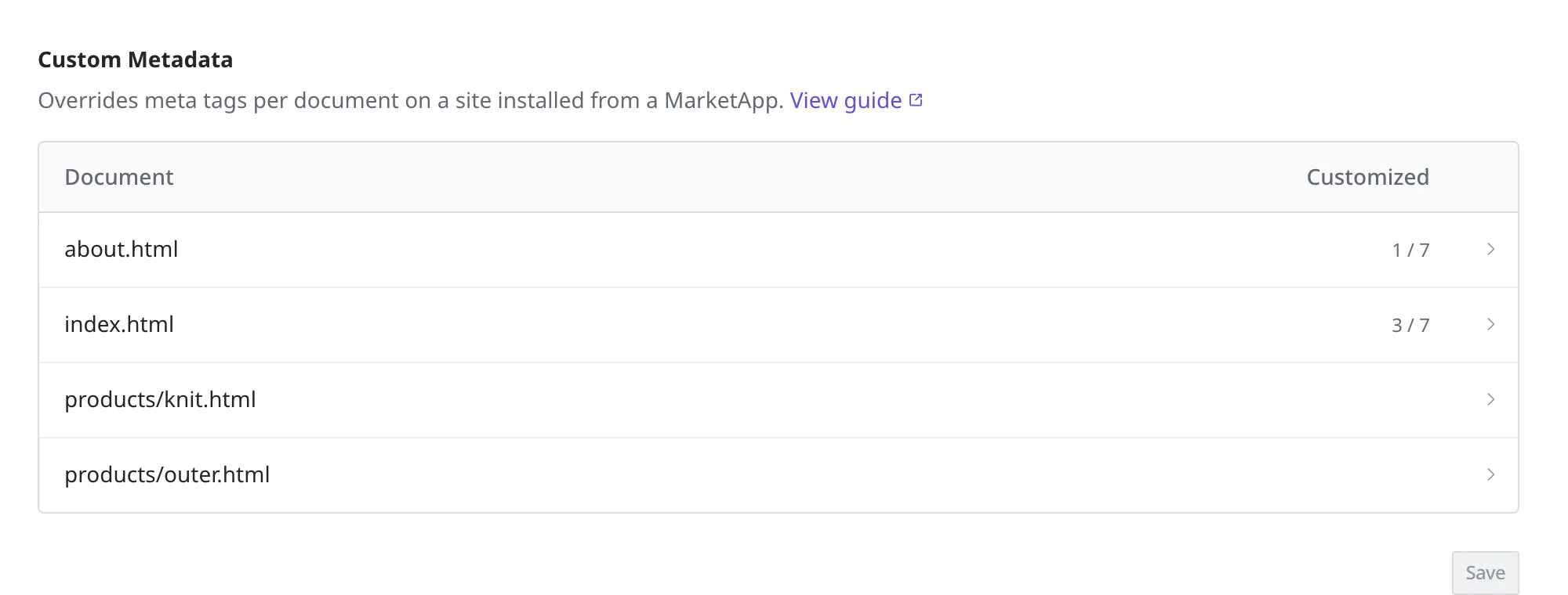 The custom metadata table. about.html and index.html have 1/7 and 3/7 under fields set, while the two documents under products are empty