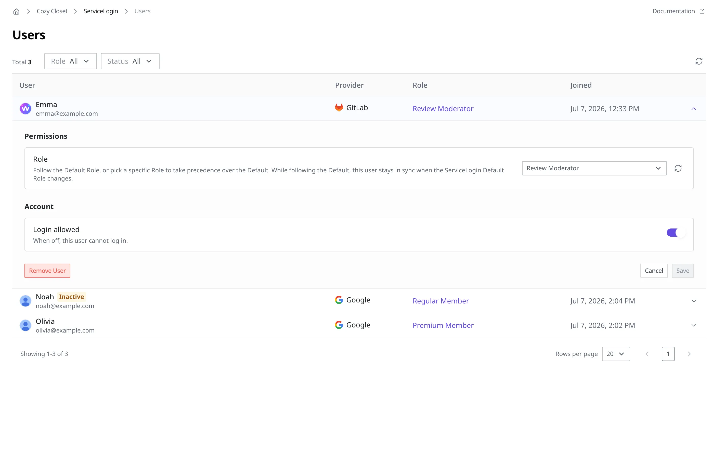 The expanded detail for member Emma's row in the Users list. Below the Role in the permissions section and the login-allowed toggle in the account section, a red-outlined Remove User button sits at the far left and the Cancel and Save buttons sit at the far right