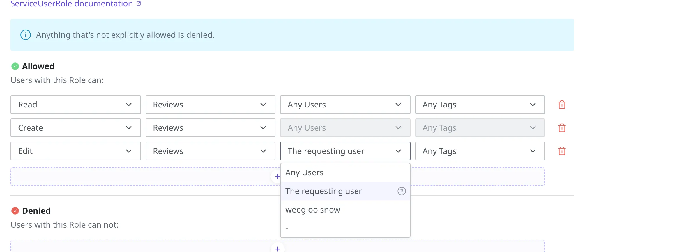 The Author field of an Edit rule, opened. Along with Any Users and The requesting user, the name of a user you can designate appears in the list