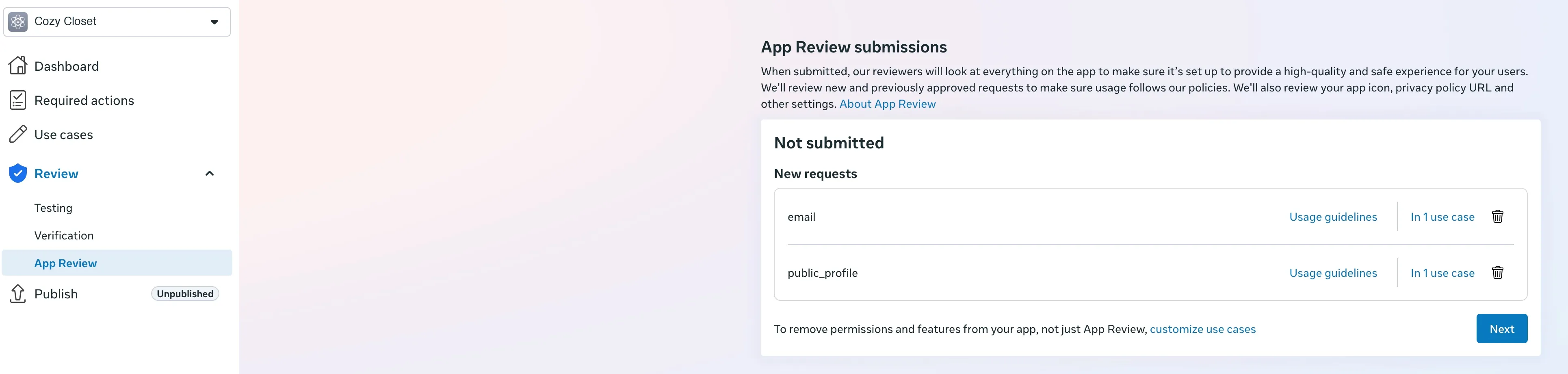 The App Review screen under Review. email and public_profile are listed under Not submitted