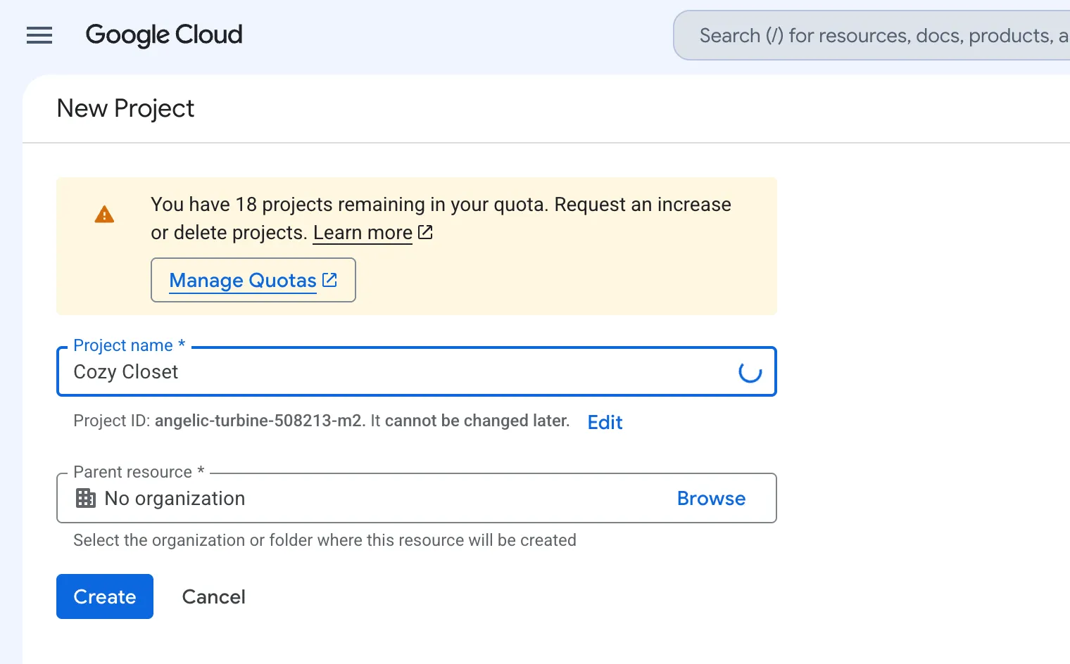 The New Project screen. "Cozy Closet" is entered in the project name box and the Create button is below it