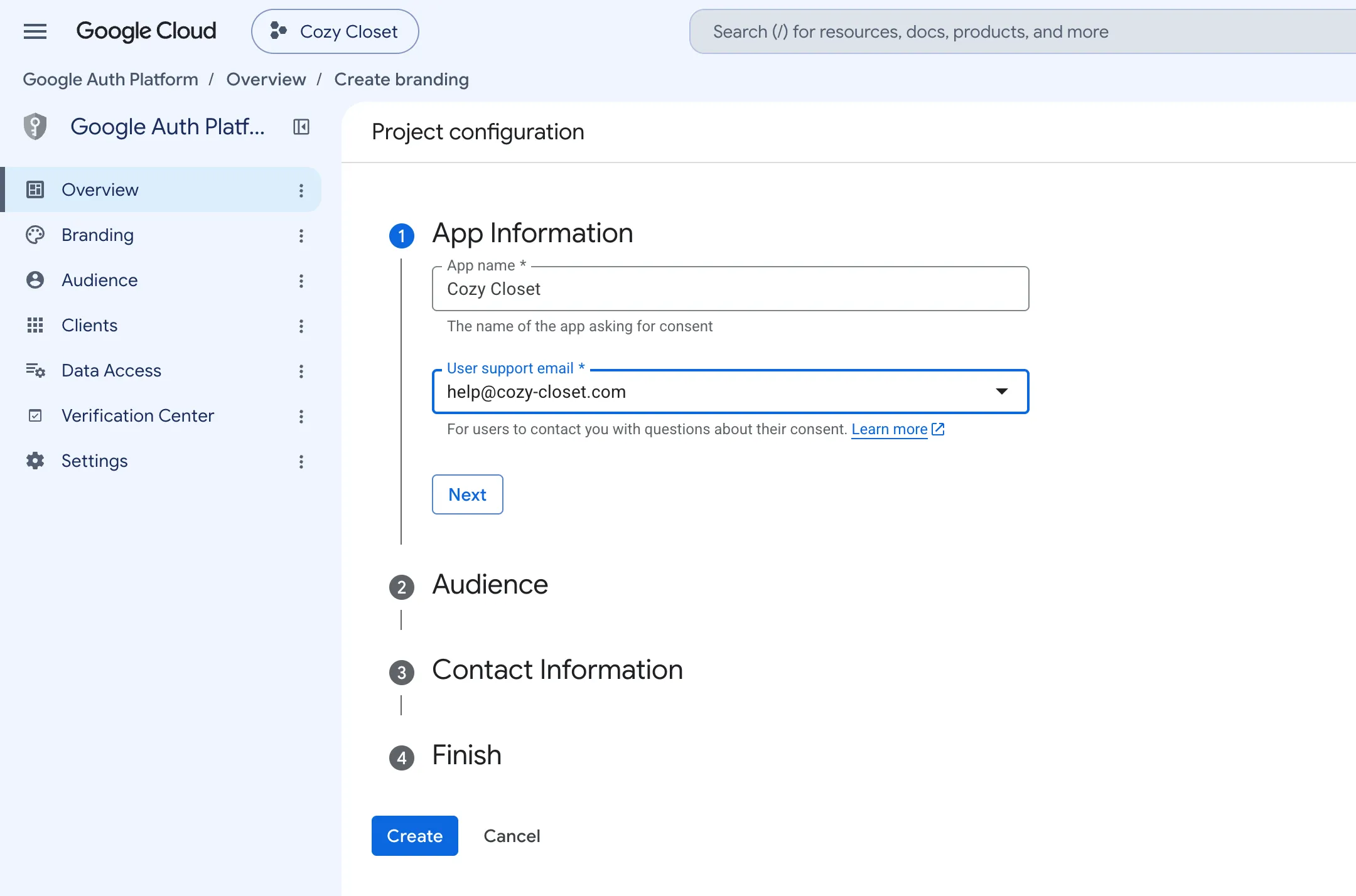 Step 1 App Information of project configuration. The app name is "Cozy Closet" and the user support email is filled in