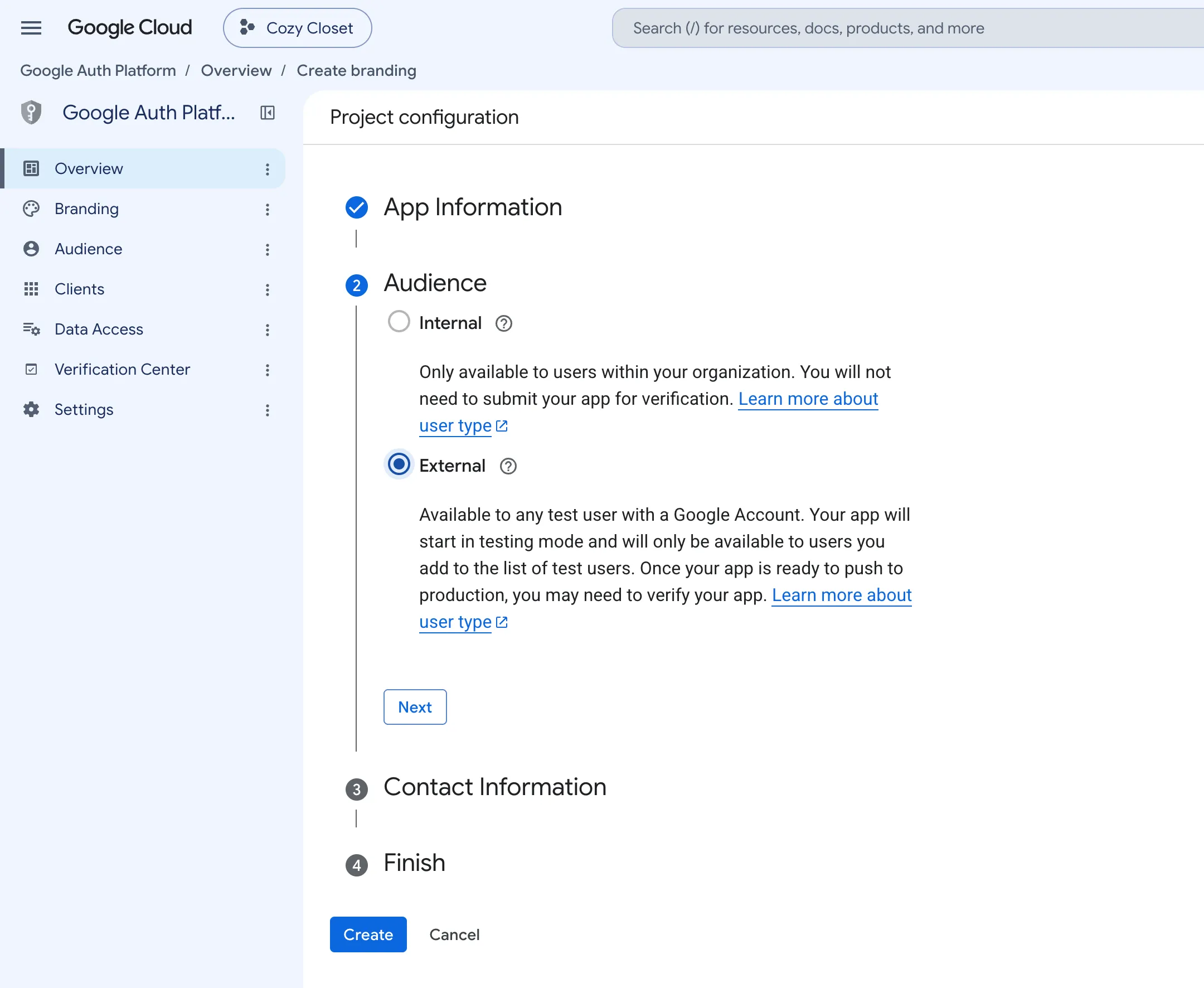 Step 2 Audience of project configuration. External is selected between Internal and External
