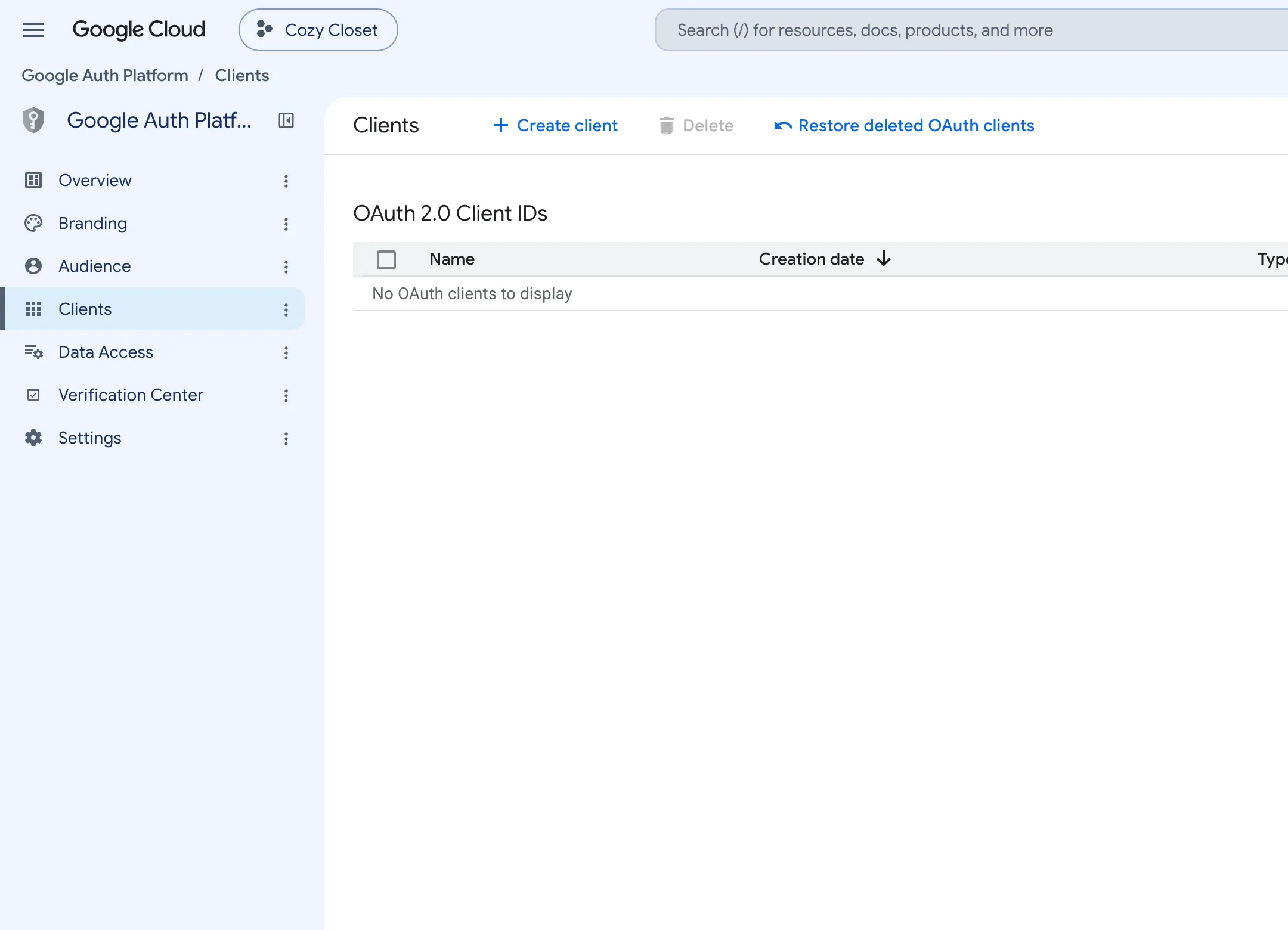 The Clients screen. The OAuth 2.0 Client IDs list is empty and Create client is above it