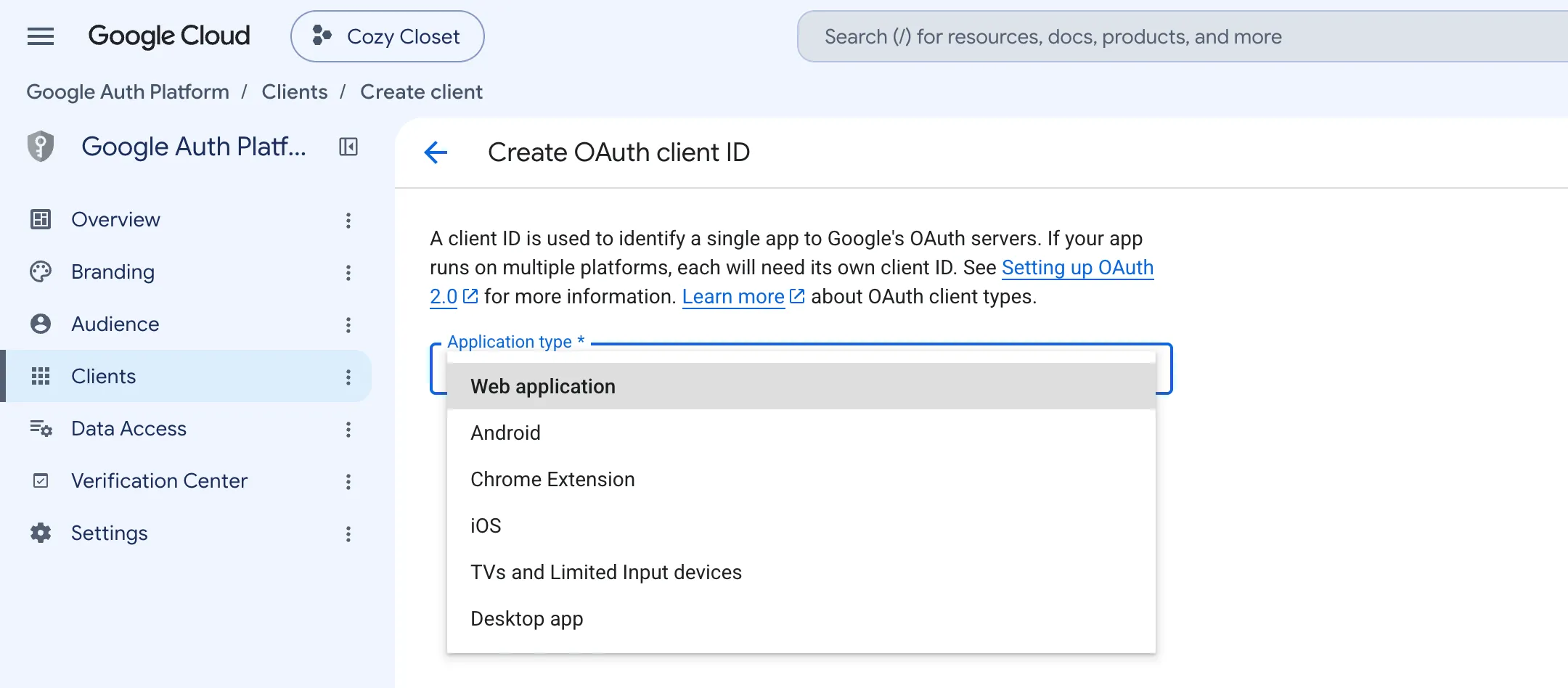 The application type dropdown is open, showing six types including Web application