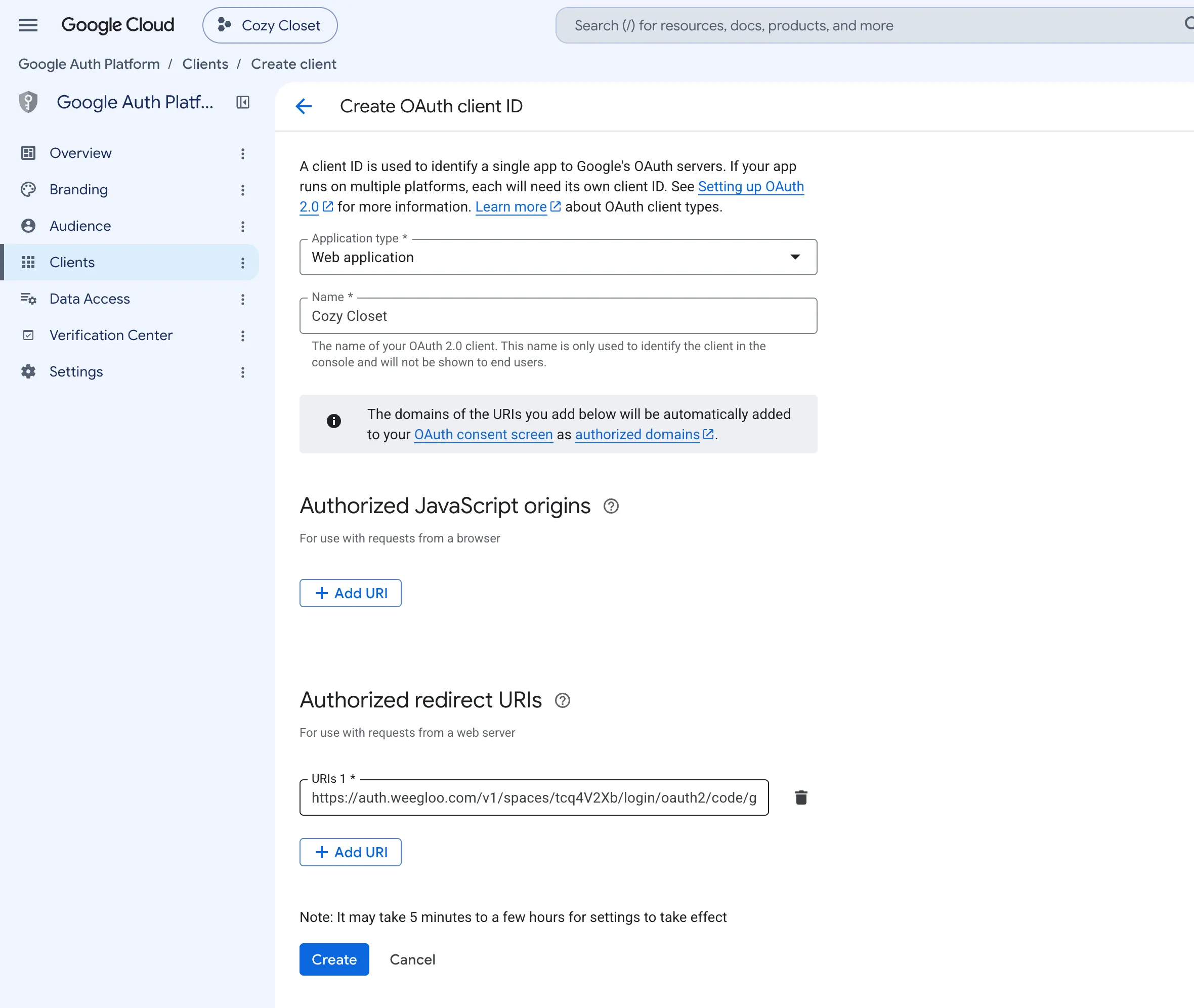 The form with the address filled into Authorized redirect URIs. Authorized JavaScript origins is empty