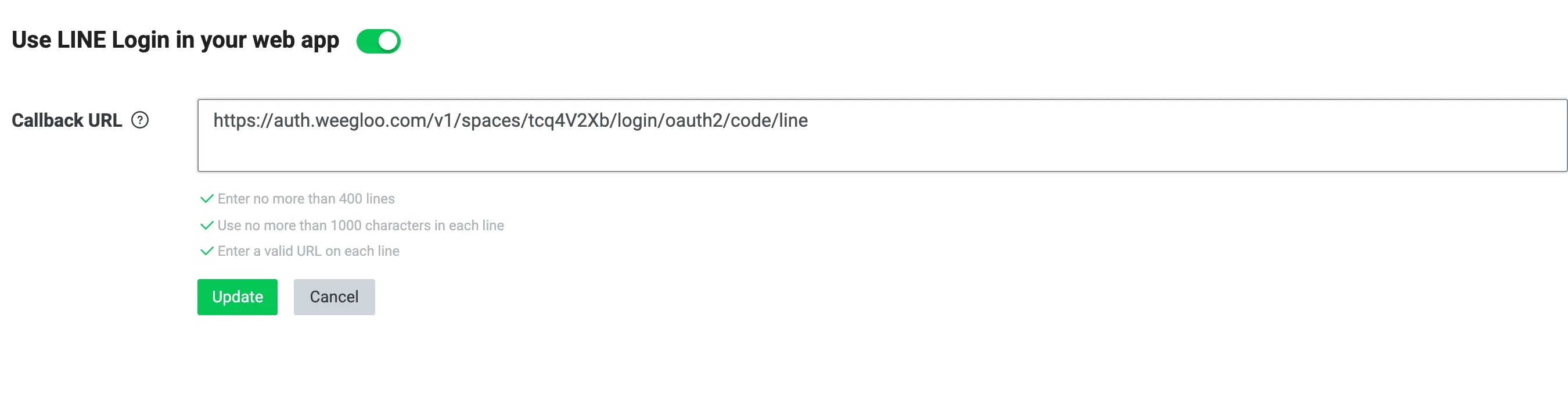 The channel's LINE Login tab. Use LINE Login in your web app is on, the Callback URL box holds the WEEGLOO address, and the Update and Cancel buttons are below it