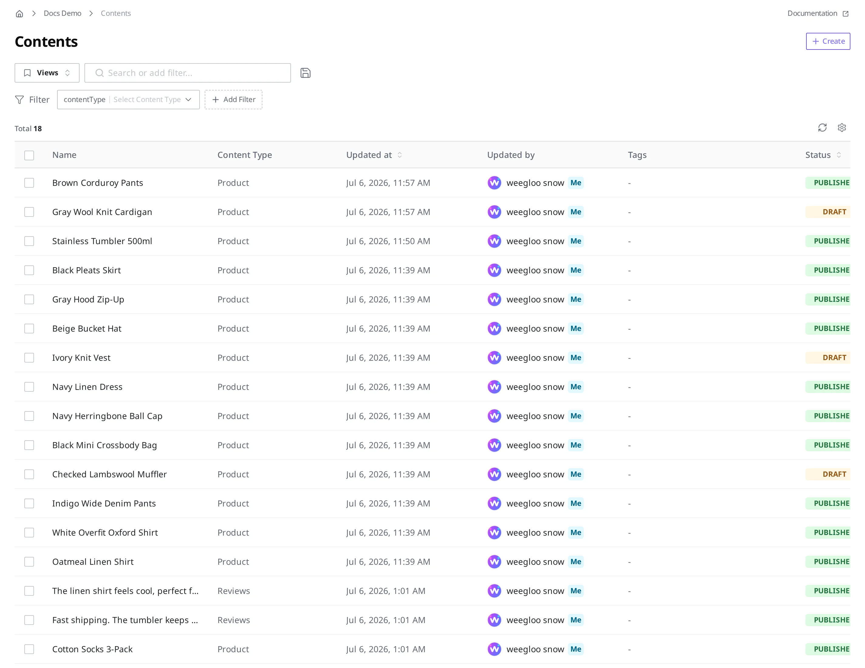 The full Content list screen. At the top left are the Views button and the search box, below them the filter area, in the middle the list table, and at the bottom the page navigation