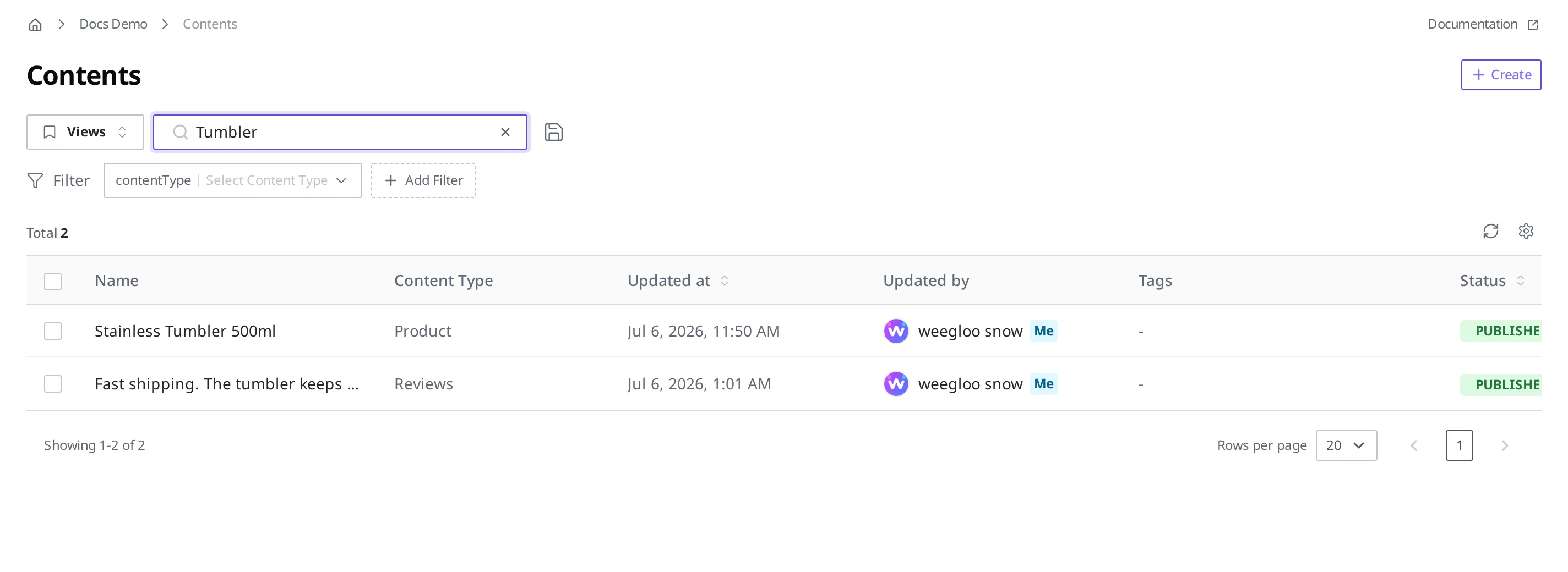 The Content list after typing "Tumbler" in the search box. Products with "Tumbler" in the name and reviews that mention "Tumbler" in the body both remain