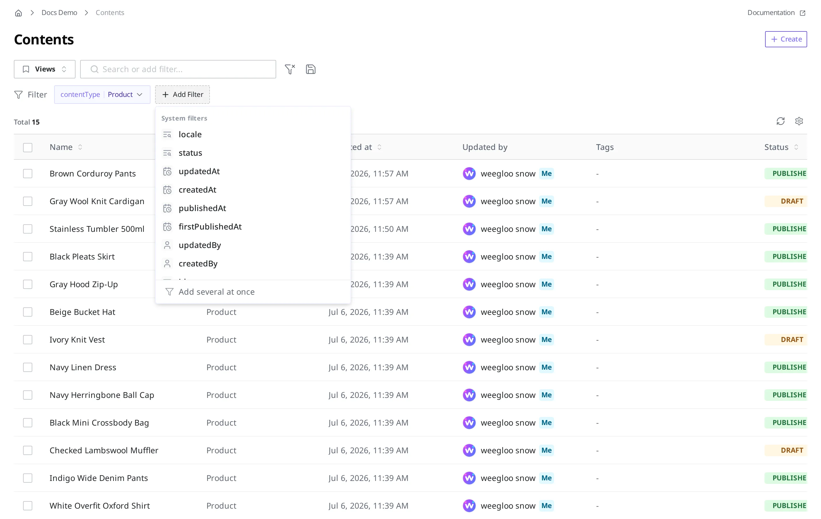The system-filter list that expands when you click the button to add a filter. It shows locale, status, updatedAt, and more
