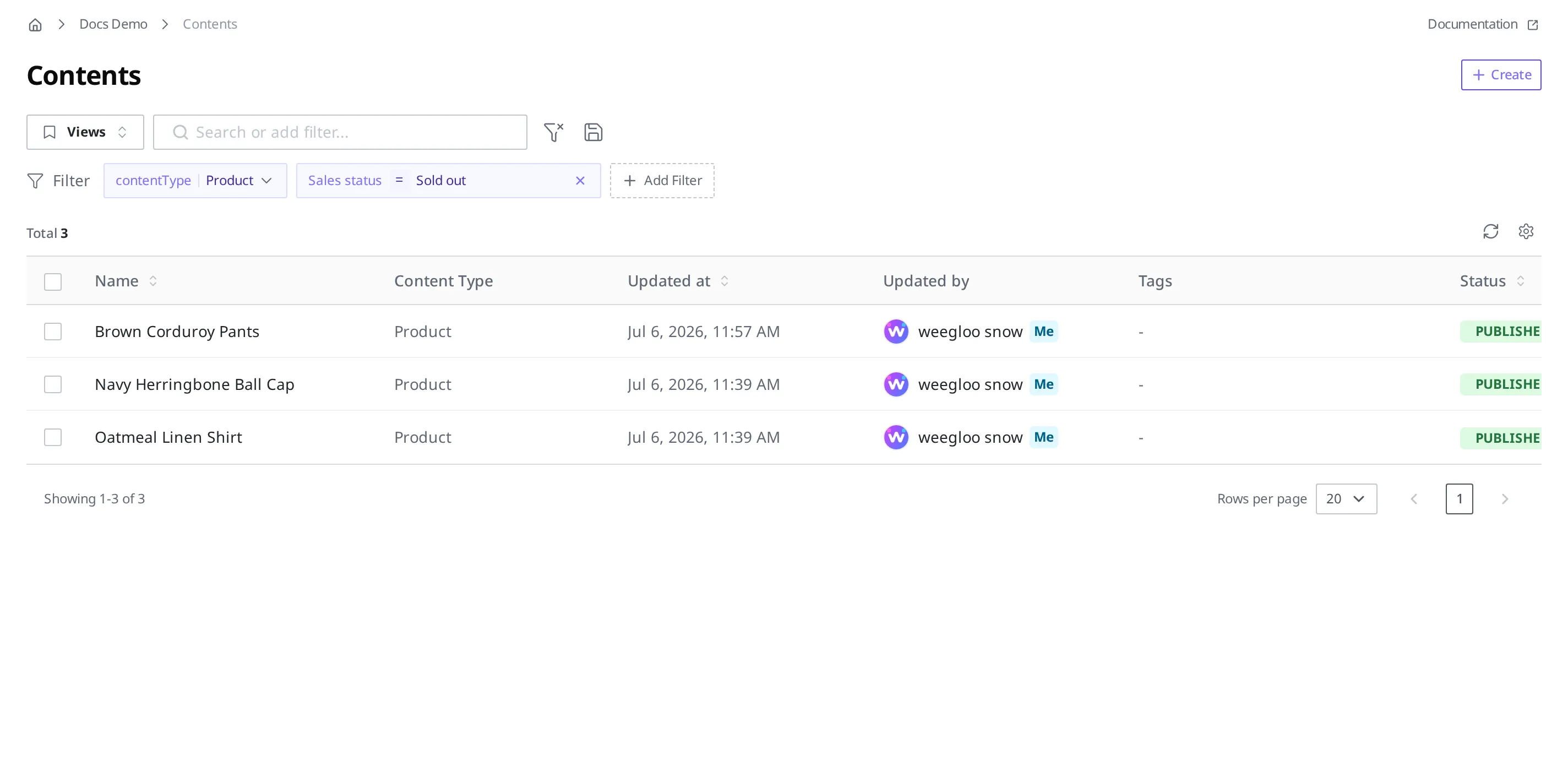 The Content list with the Sales status = Sold out filter applied, leaving only sold-out products