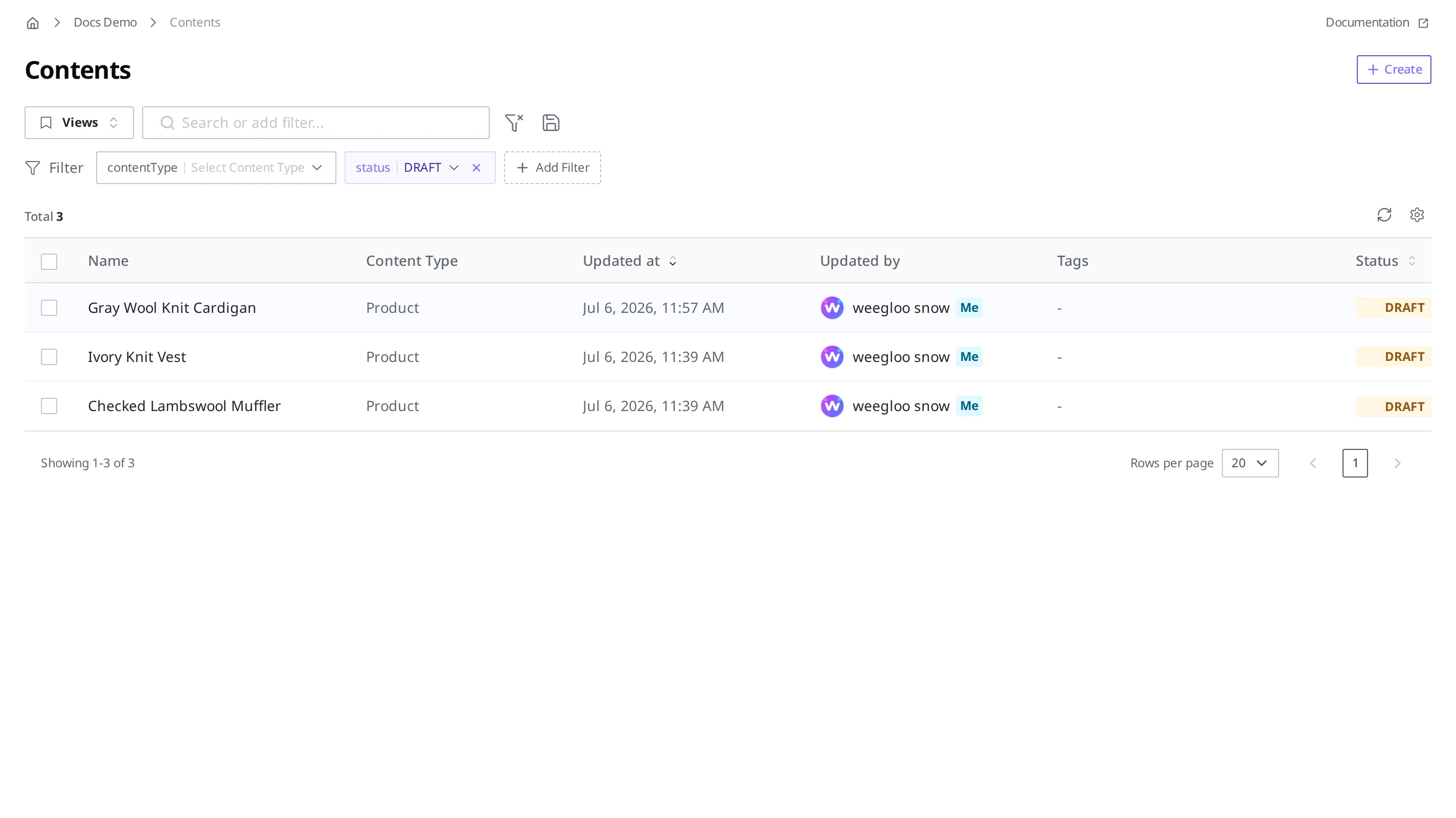 The Content list with the status = Draft filter applied, leaving only products in Draft status