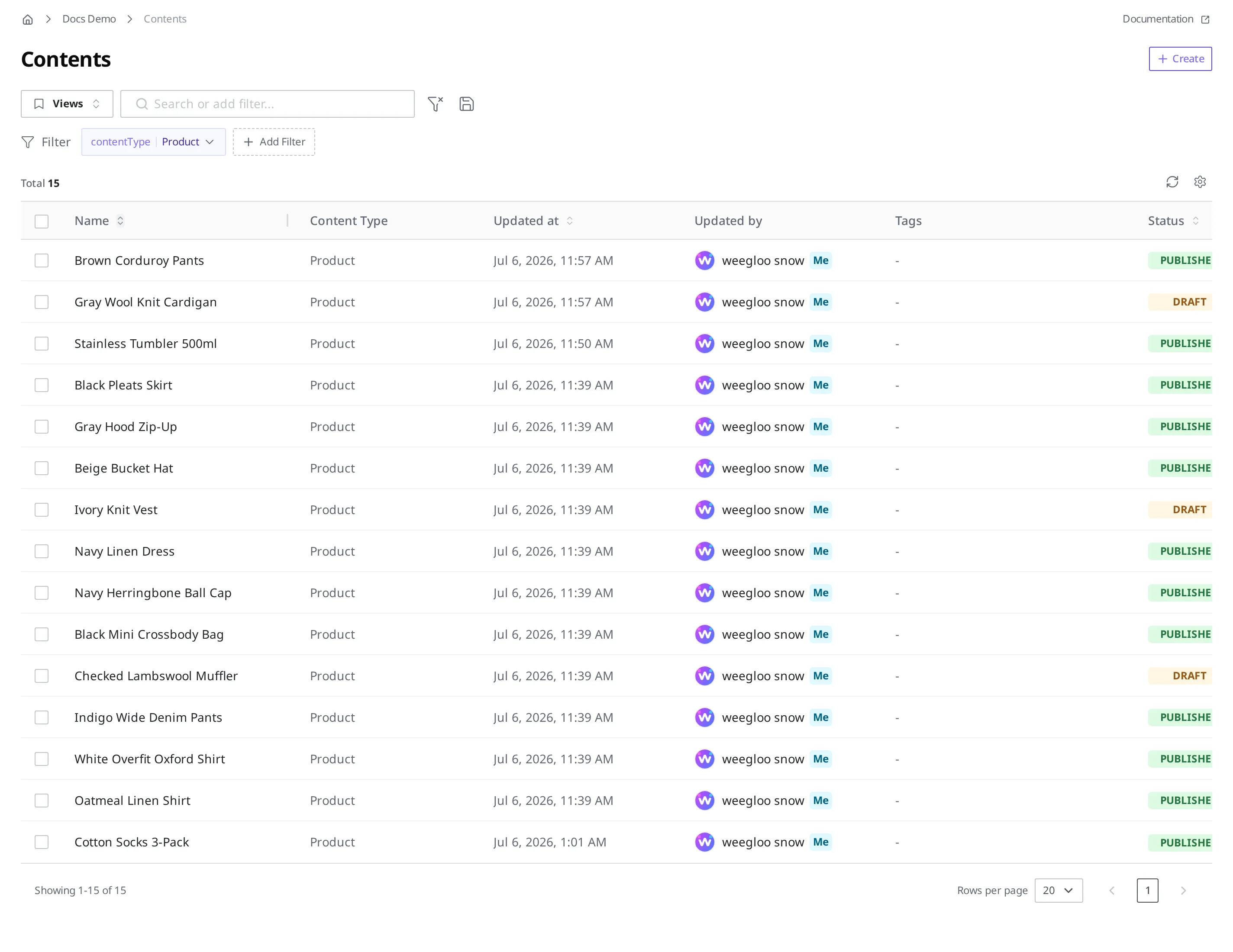 The Content list narrowed to items whose Content Type is Product