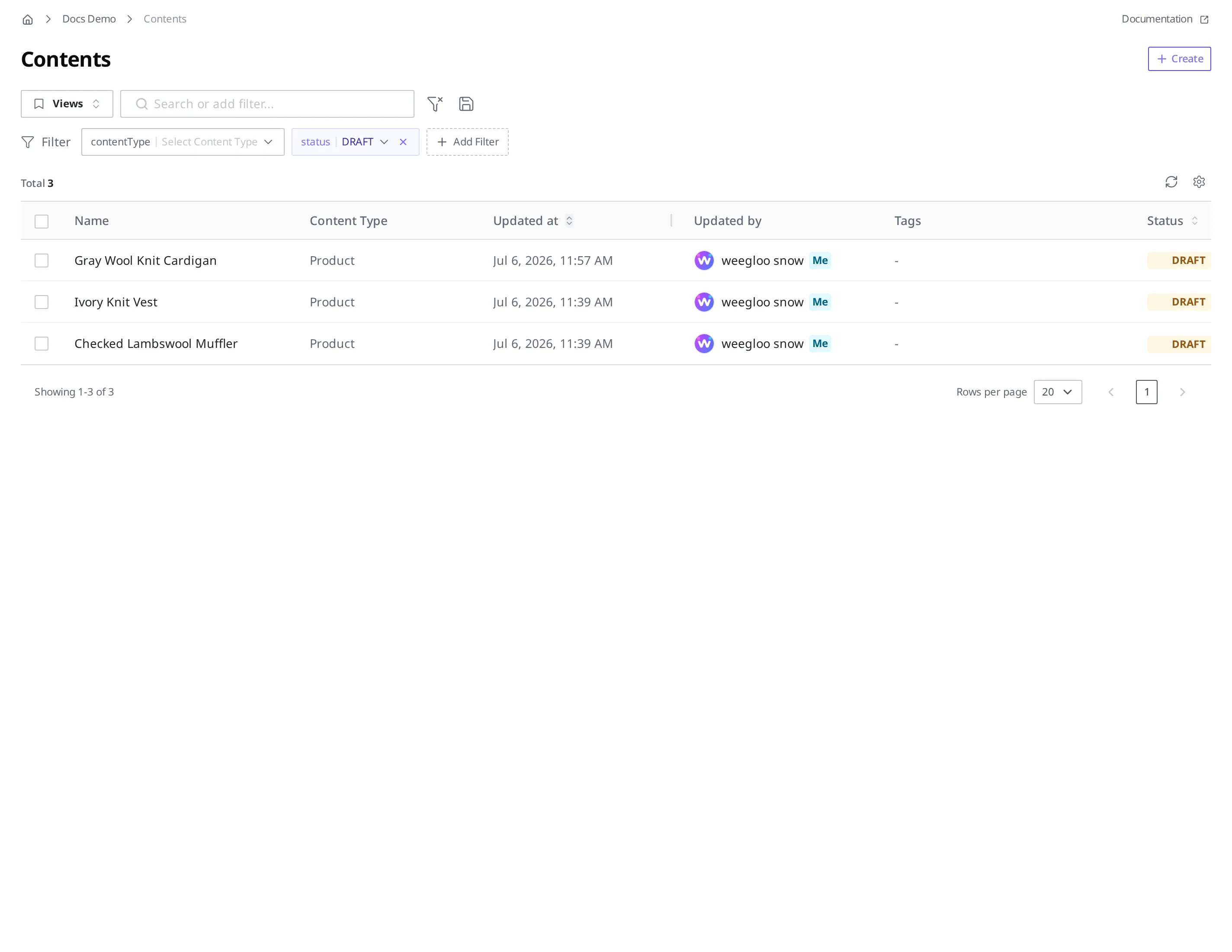 The Content list sorted by clicking the last-modified-date column title. A sort-direction indicator appears on the column title