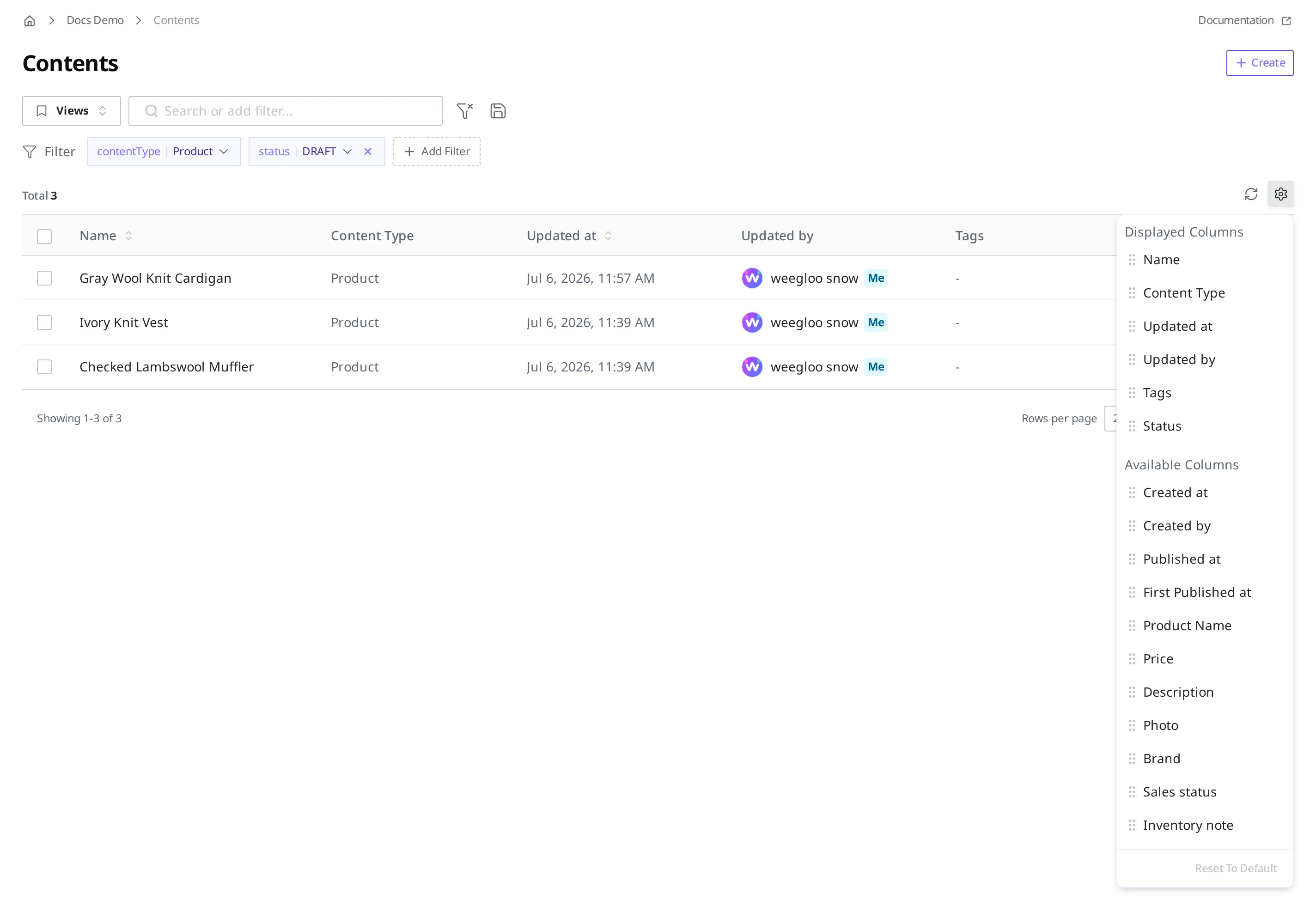 The Content list with the column-settings panel open. The Displayed Columns and Available Columns lists show the price and sales status Fields