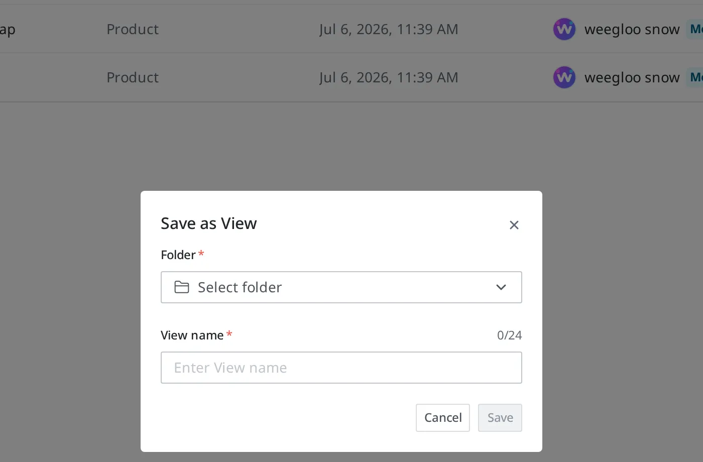 The dialog for saving the current conditions as a View. It shows a folder selector, a View name box, and Cancel and Save buttons