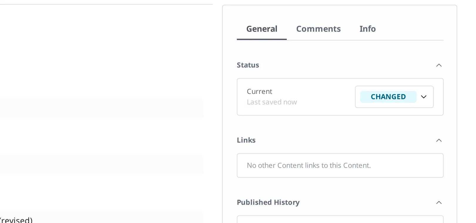 The Status area on the right of the Content detail screen. The status badge has changed to Changed and shows "Saved just now"