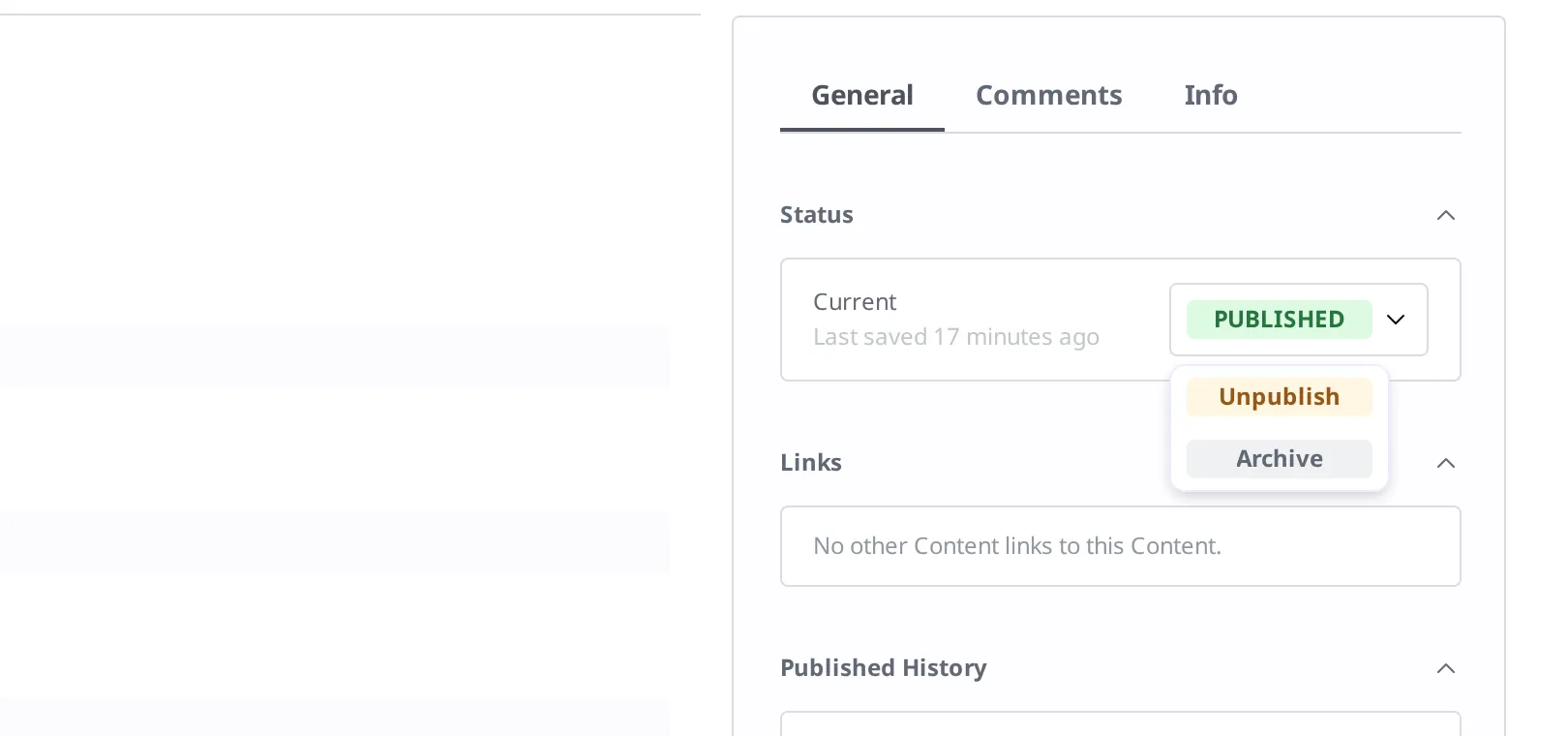 The dropdown that expands when you click the Published status badge. Two items are visible: Unpublish and Archive