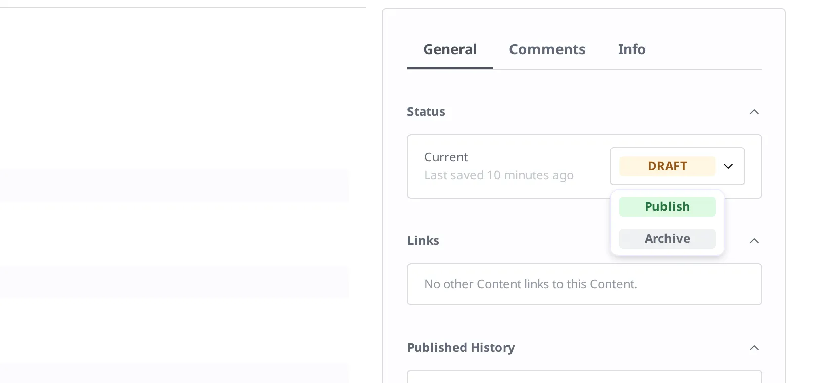 The dropdown that expands when you click the Draft status badge. Two items are visible: Publish and Archive