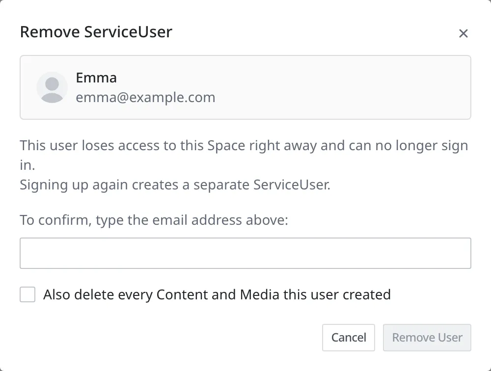 The remove member window. A card at the top holds the member being removed (Emma, emma@example.com), and below it are the email confirmation field and the "Also delete every Content and Media this user created" checkbox, switched off
