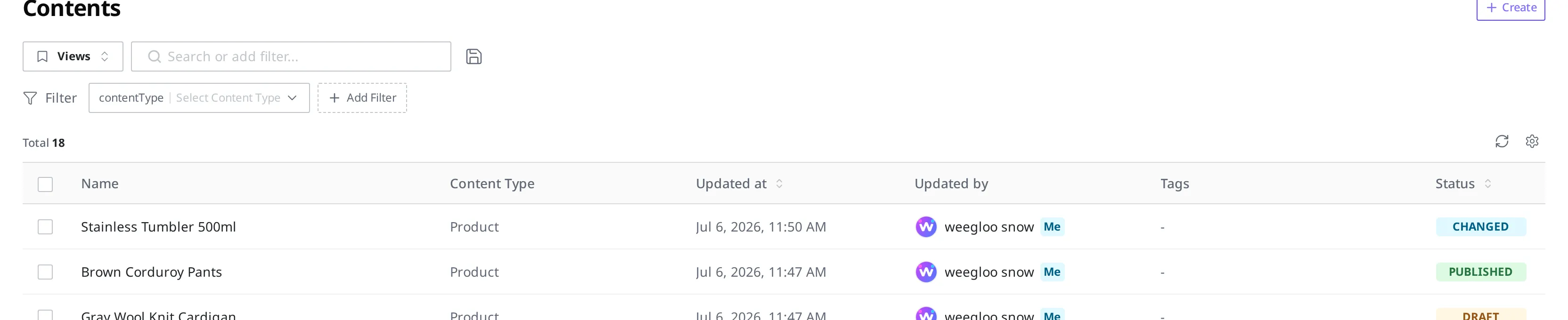The modifier and modified-date columns in the Content list. Each product row shows who last edited it and when