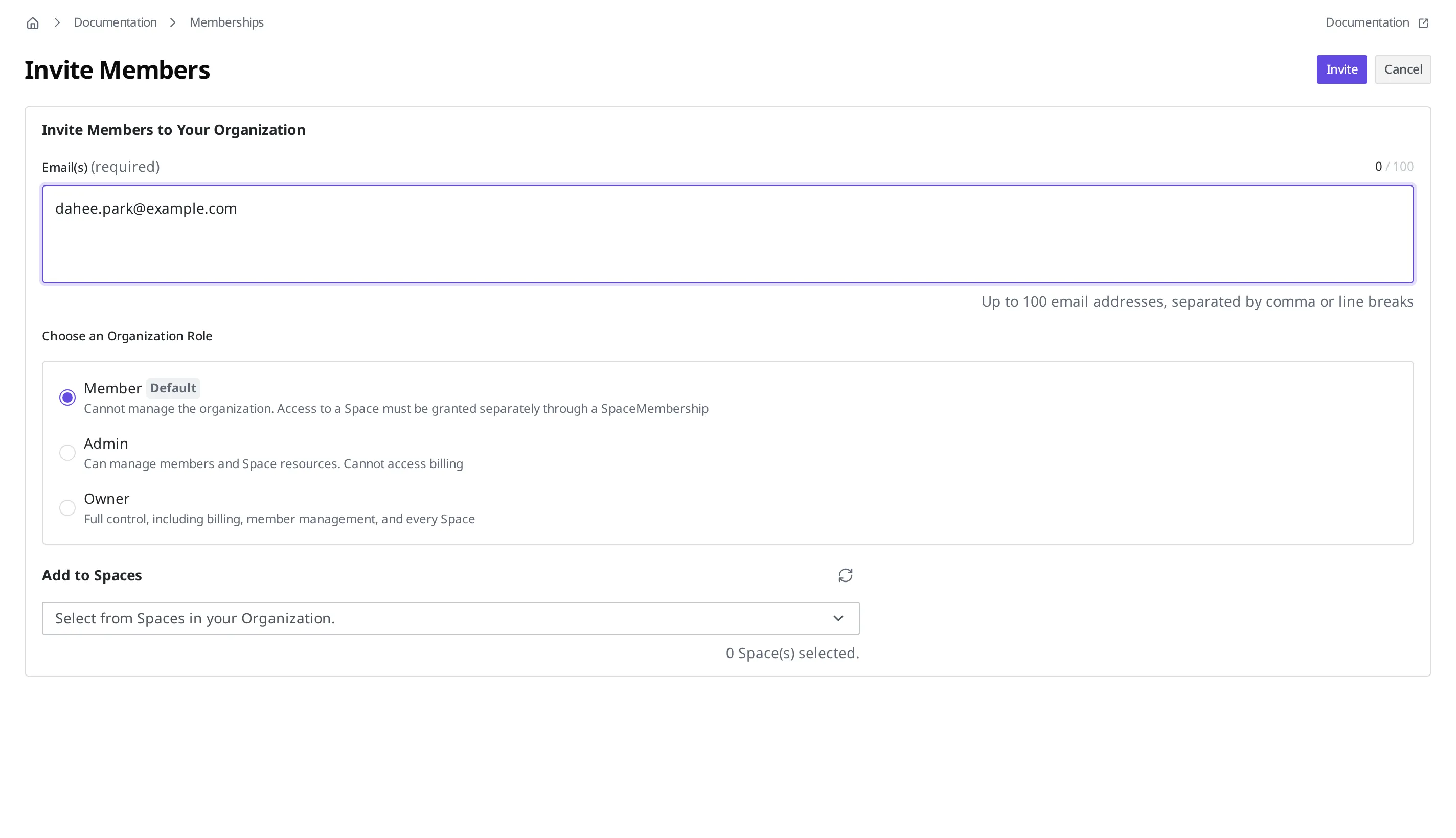 The Member invitation screen. An example email is entered in the email field, with a place to choose the Organization Role among Member (default), Admin, and Owner, and a section for adding them to a Space