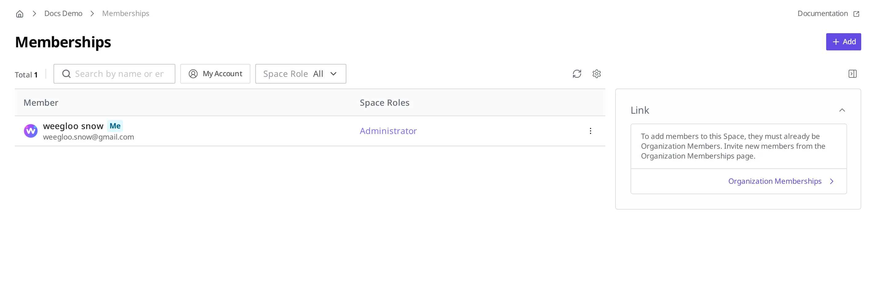 The Memberships screen in the shopping mall Space settings. The member weegloo snow (Space Role: Administrator) is shown, with an Add button at the top right, and on the right a notice reading "To add members to this Space, they must already be Organization Members. Invite new members from the Organization Memberships page." along with an Organization Memberships link