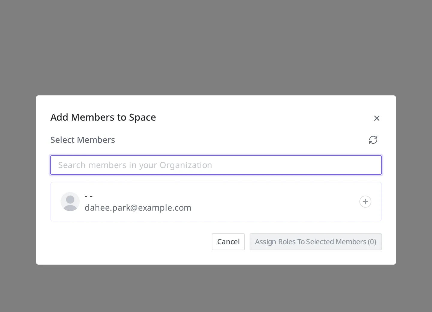 The Add Members to Space dialog. On the Select Members screen you can search for a Member within the Organization, and dahee.park@example.com is shown as a choice
