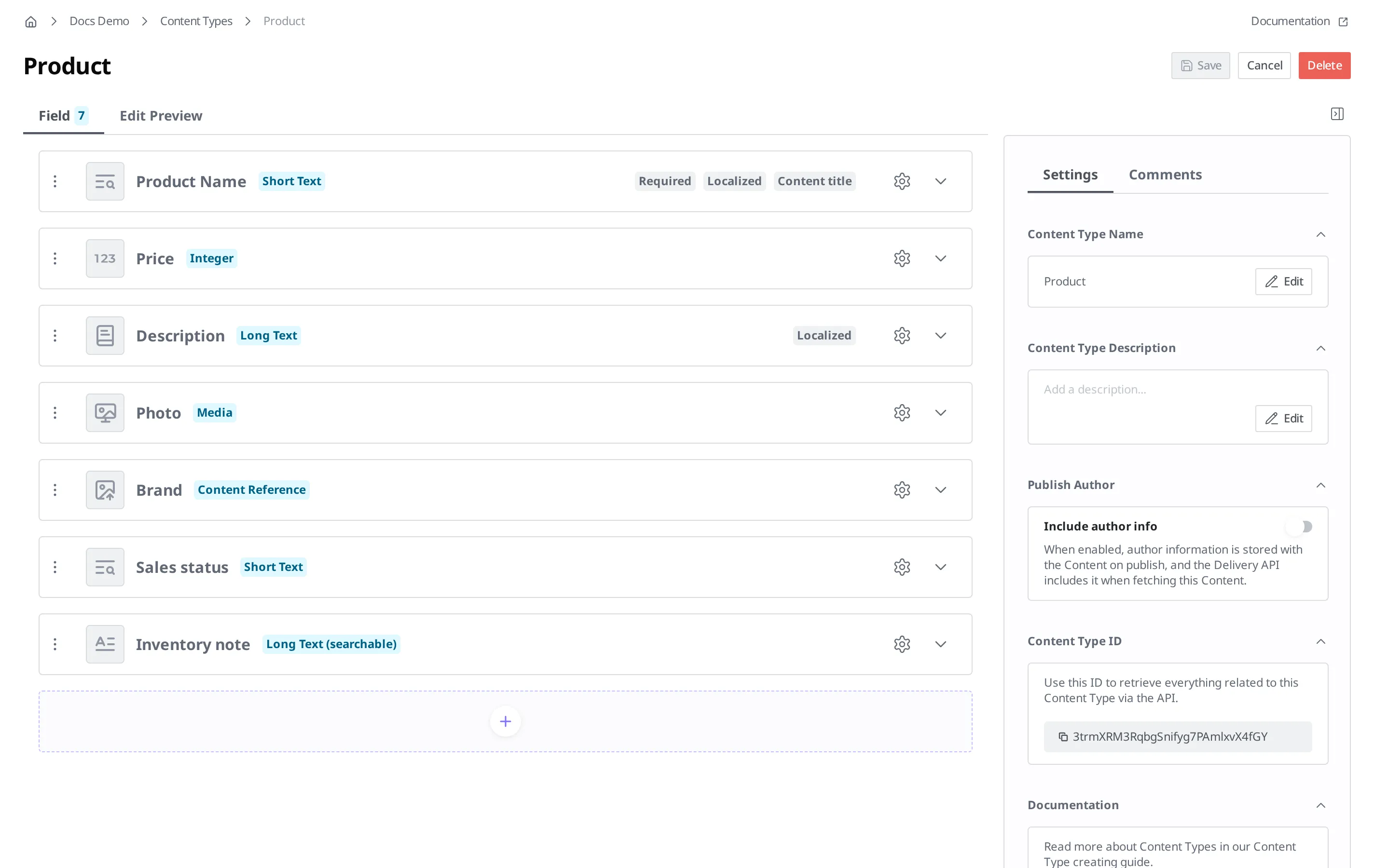 The Product Content Type edit screen. Seven Fields are visible (Product Name, Price, Description, Photo, Brand, Sales status, and Inventory note), with a "+" slot at the bottom for adding a new Field