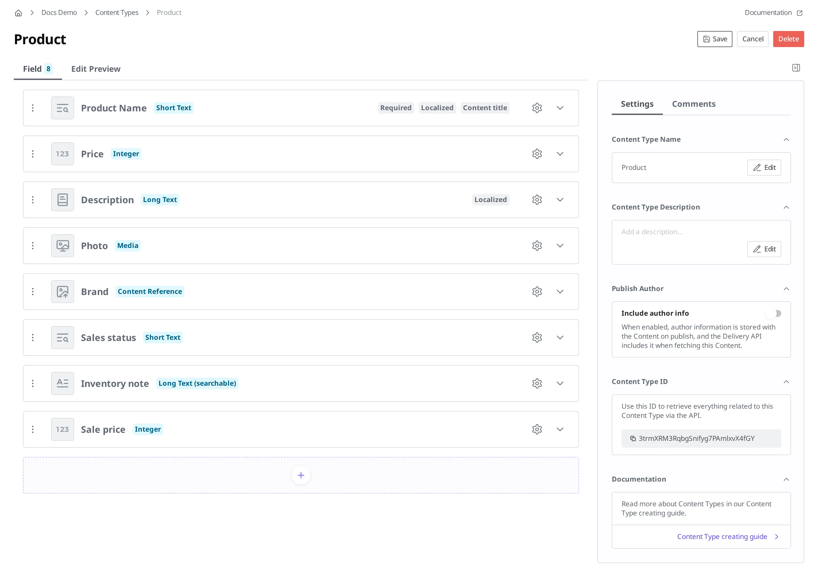 The Product Content Type edit screen after adding the Sale price Field. Sale price (Integer) has been added at the end of the Field list, bringing it to eight Fields, and the save button at the top right has become active