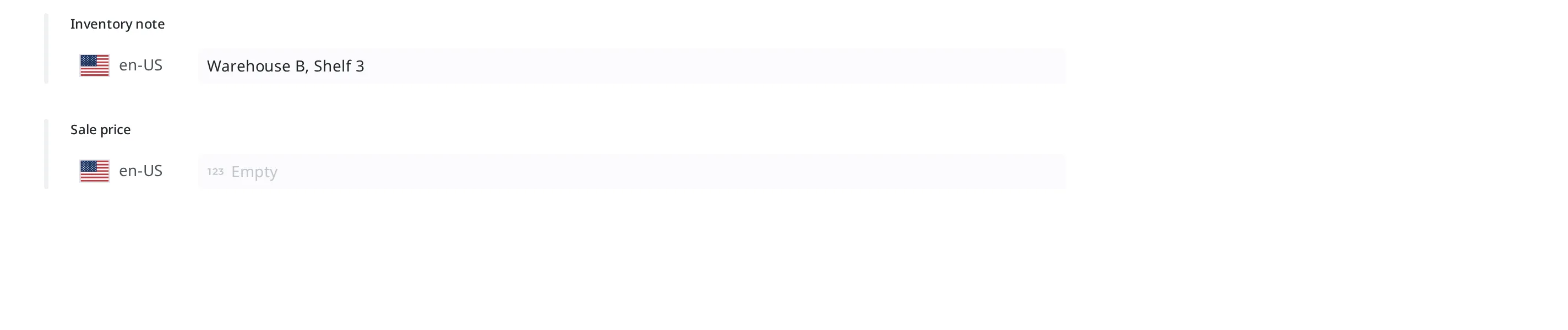 Part of the product Content detail screen. Inventory note still holds its existing value "Warehouse B, Shelf 3," while the newly added Sale price field shows as "Empty"