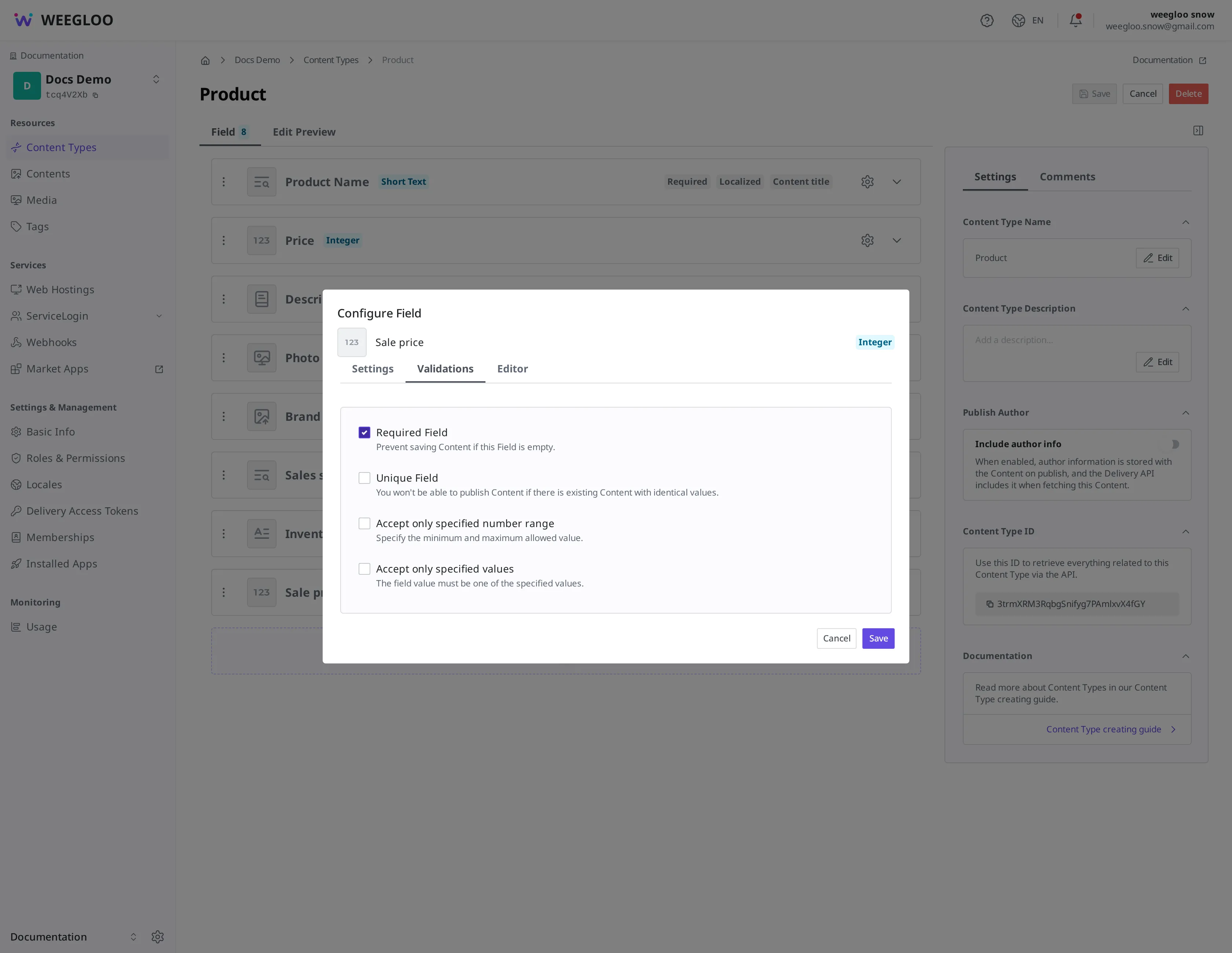 The validation tab of the Sale price Field detail settings panel. The required-field checkbox is on, alongside options for disallowing duplicate values, a number range, and an allowed-values list