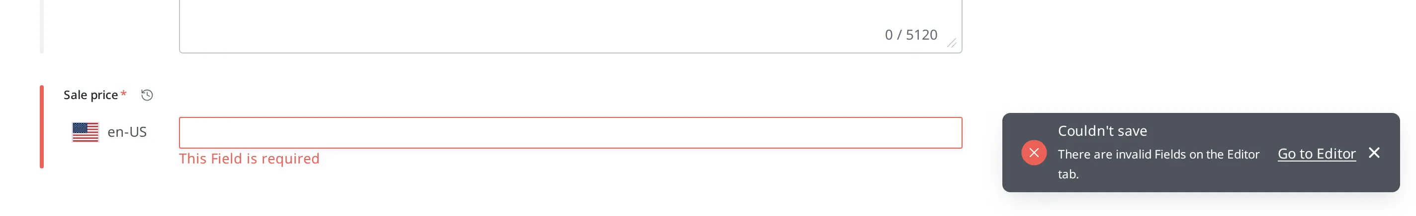 The screen when you try to save with the Sale price Field empty. The Sale price input box is outlined in red with a "This Field is required" notice below it, and a "Couldn't save" toast appears on the right