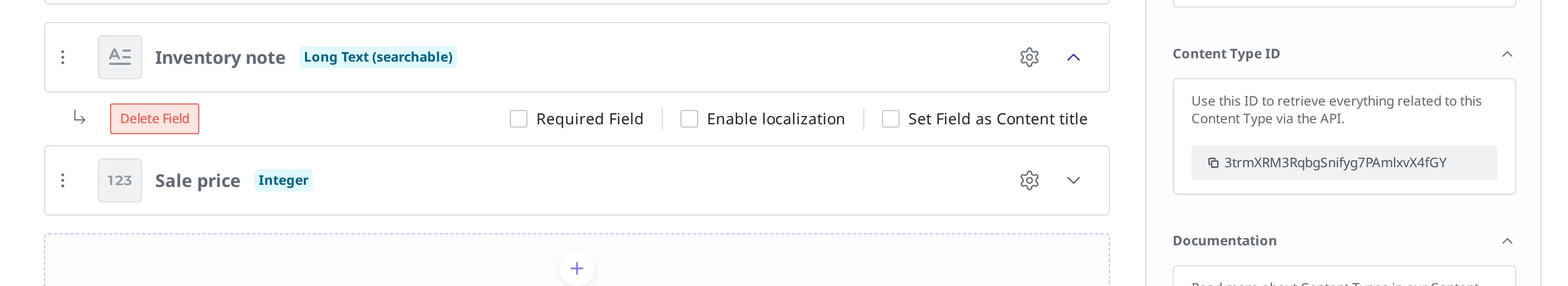 The Inventory note Field row expanded. On the left, a red delete-Field button sits next to checkboxes for required field, multilingual support, and setting the Field as the Content title