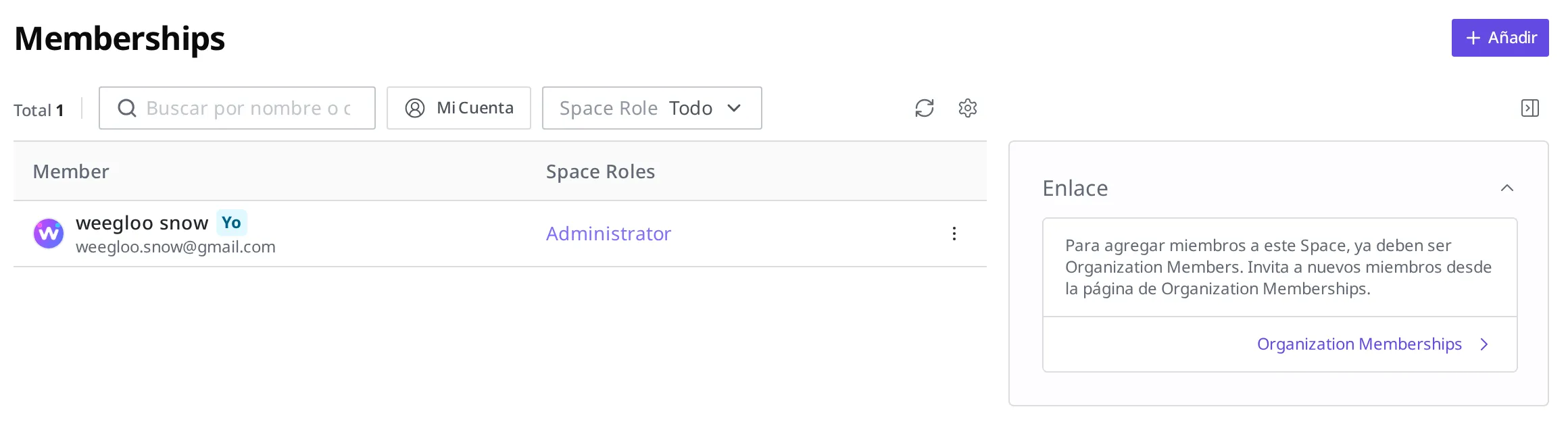 Pantalla de Membership del Space de la tienda online. Se ven la lista de Member y Space Role, el botón de añadir en la parte superior derecha y el aviso "primero debe ser Organization Member"