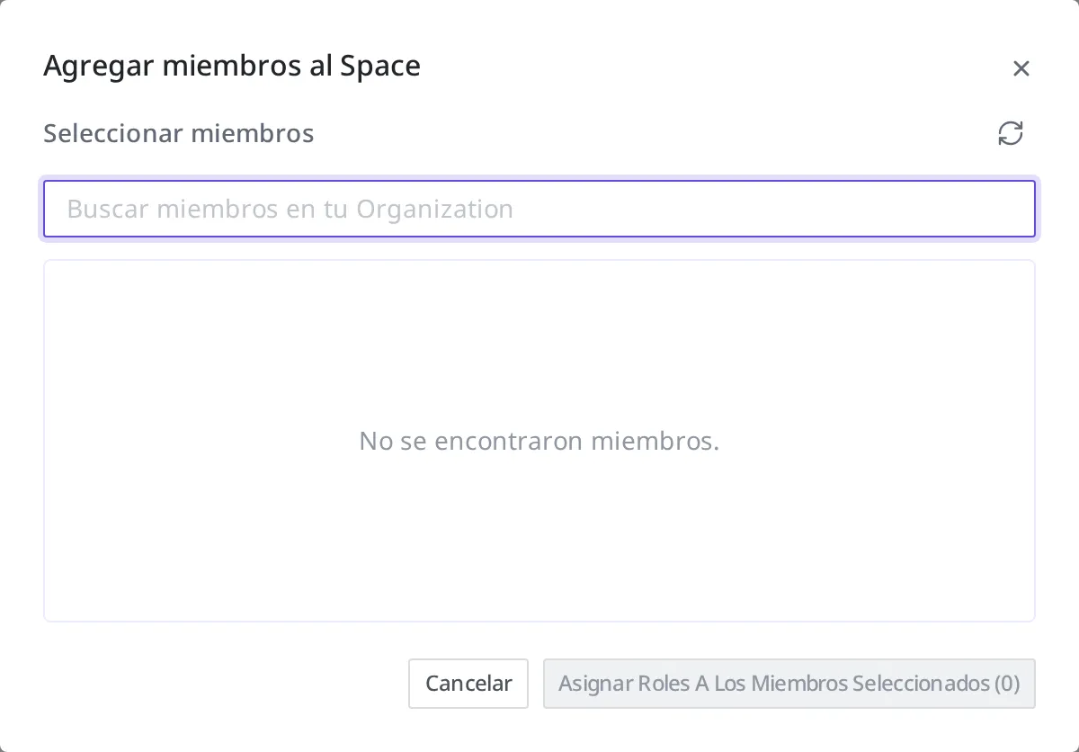 Diálogo de añadir Member al Space. Se busca y elige a un Member dentro de la Organization y luego se le asigna el rol