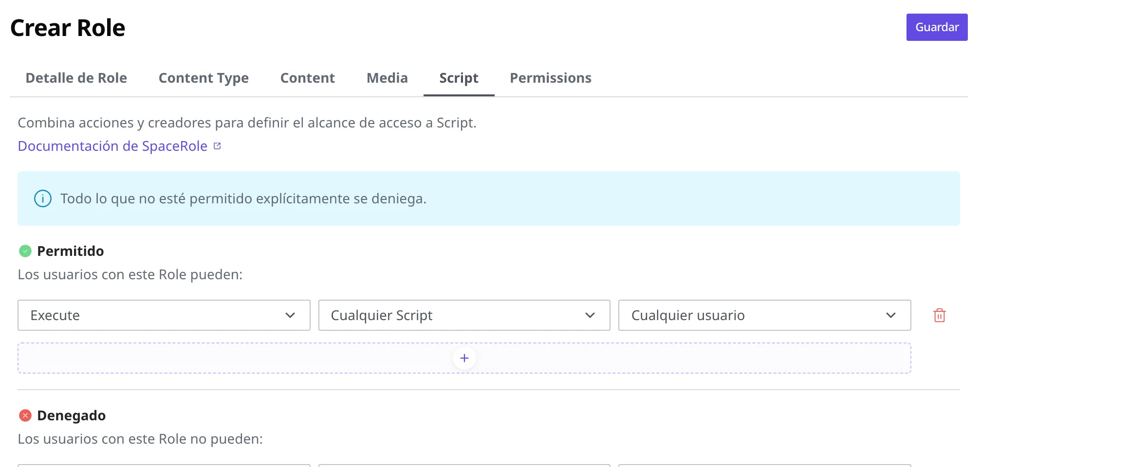 Pestaña de permisos de Script en el editor de rol. Estado con una regla añadida en la lista Permitido: acción Execute, alcance Cualquier Script, autor Cualquier usuario