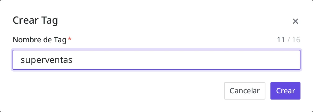 Pantalla con el nombre "superventas" introducido en el modal de creación de Tag
