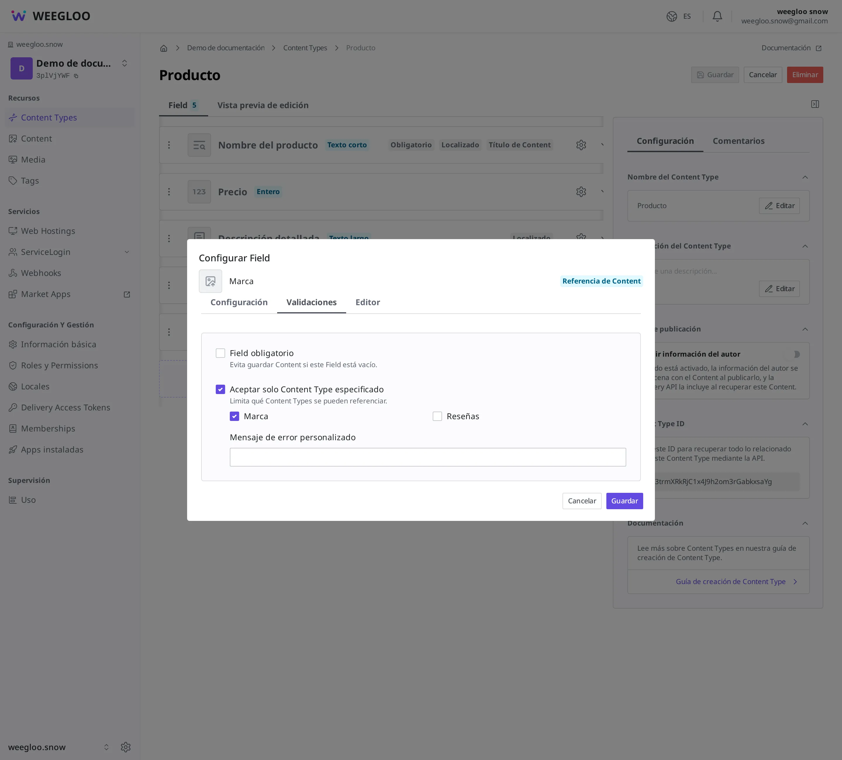 Pantalla de configuración detallada de la casilla de marca de un producto (Field Content Reference). Con el tipo de Content Type de referencia activado en la validación y "Marca" seleccionada