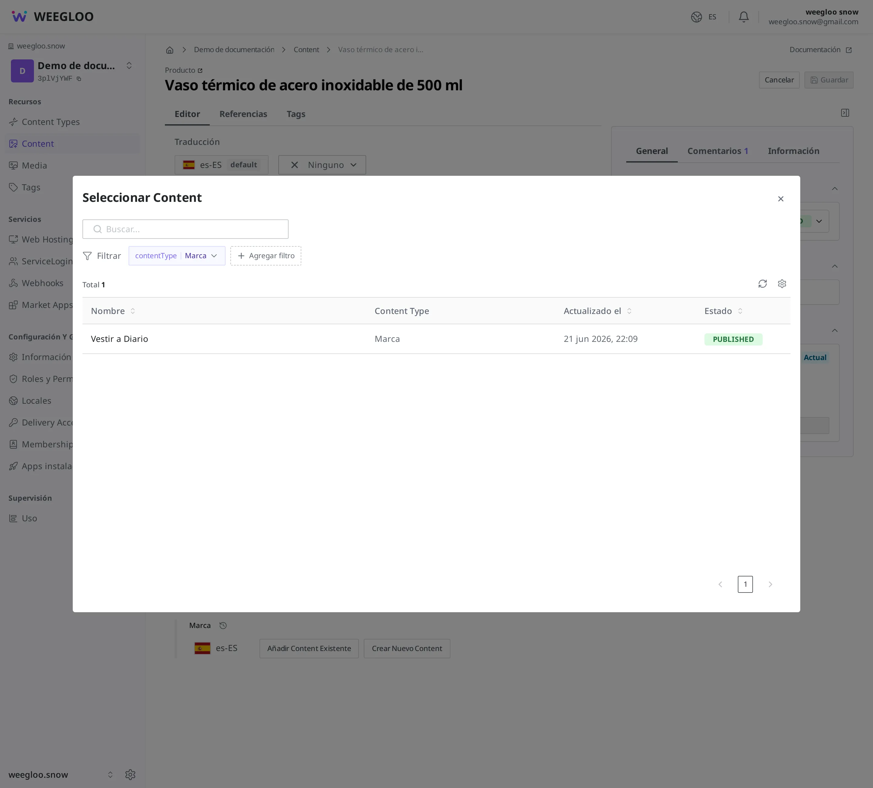 Ventana de selección de Content que se abre al pulsar añadir Content existente en la casilla de marca, dentro de la pantalla de edición del producto. En la lista filtrada por "Marca" se ve "Vestir a Diario"