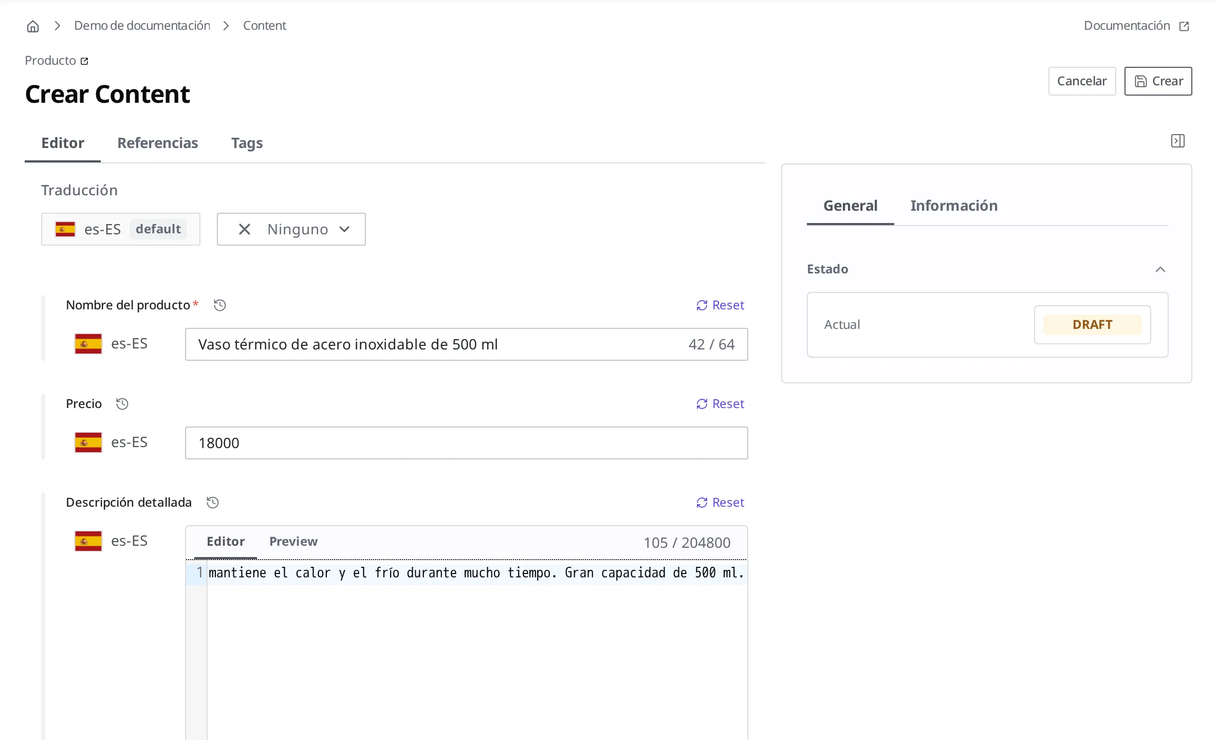 Pantalla de redacción de Content. El nombre del producto, el precio y la descripción detallada están rellenados, y arriba a la derecha hay un botón Crear