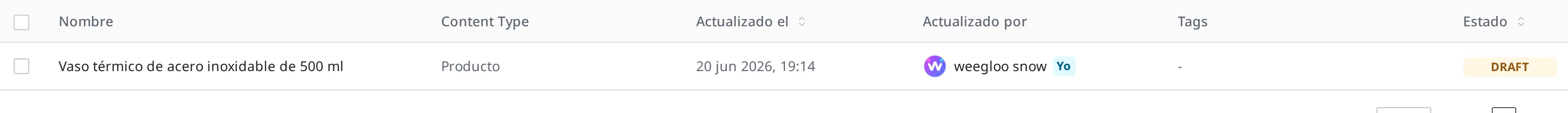 Pantalla donde "Vaso térmico de acero inoxidable de 500 ml" aparece en la lista de Content con el estado Draft