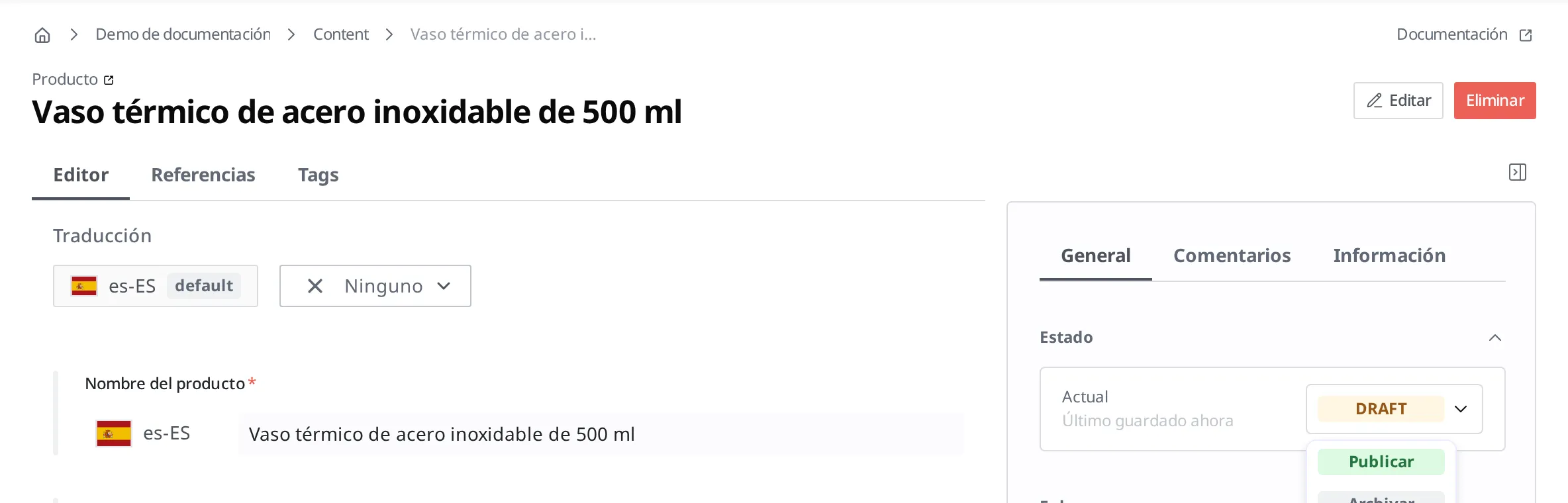 Pantalla donde, en la vista de detalle de Content, se pulsa la insignia de estado para elegir Publicar